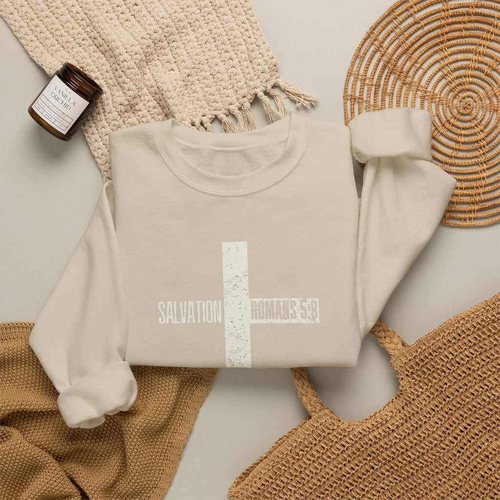 Christian Crewneck Sweatshirt "Salvation" Romans 5:8 Pullover, White Cross Graphic Apparel, Rustic Style Faith Sweatshirt