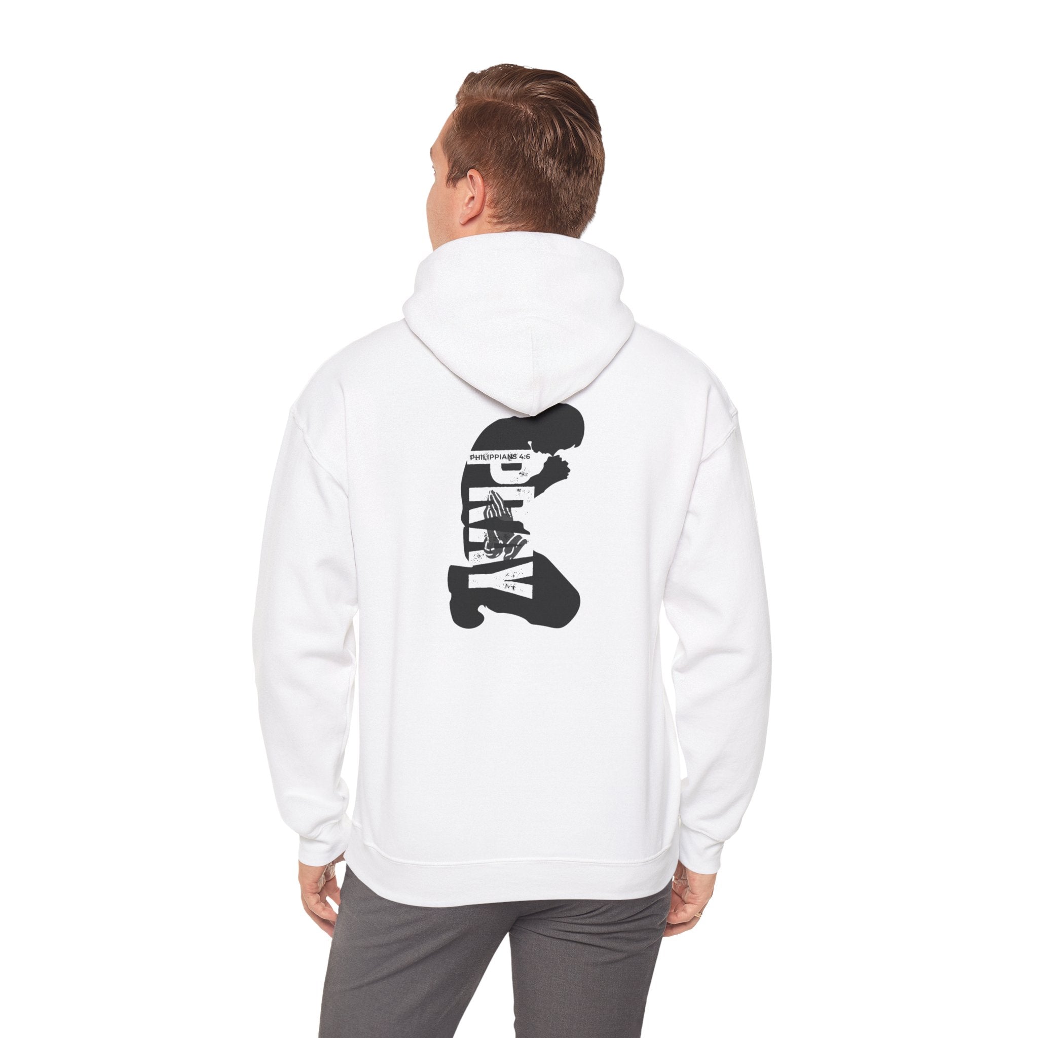 Minimal 'Pray More, Panic Less' Hoodie — Monochrome Graphic Back Print