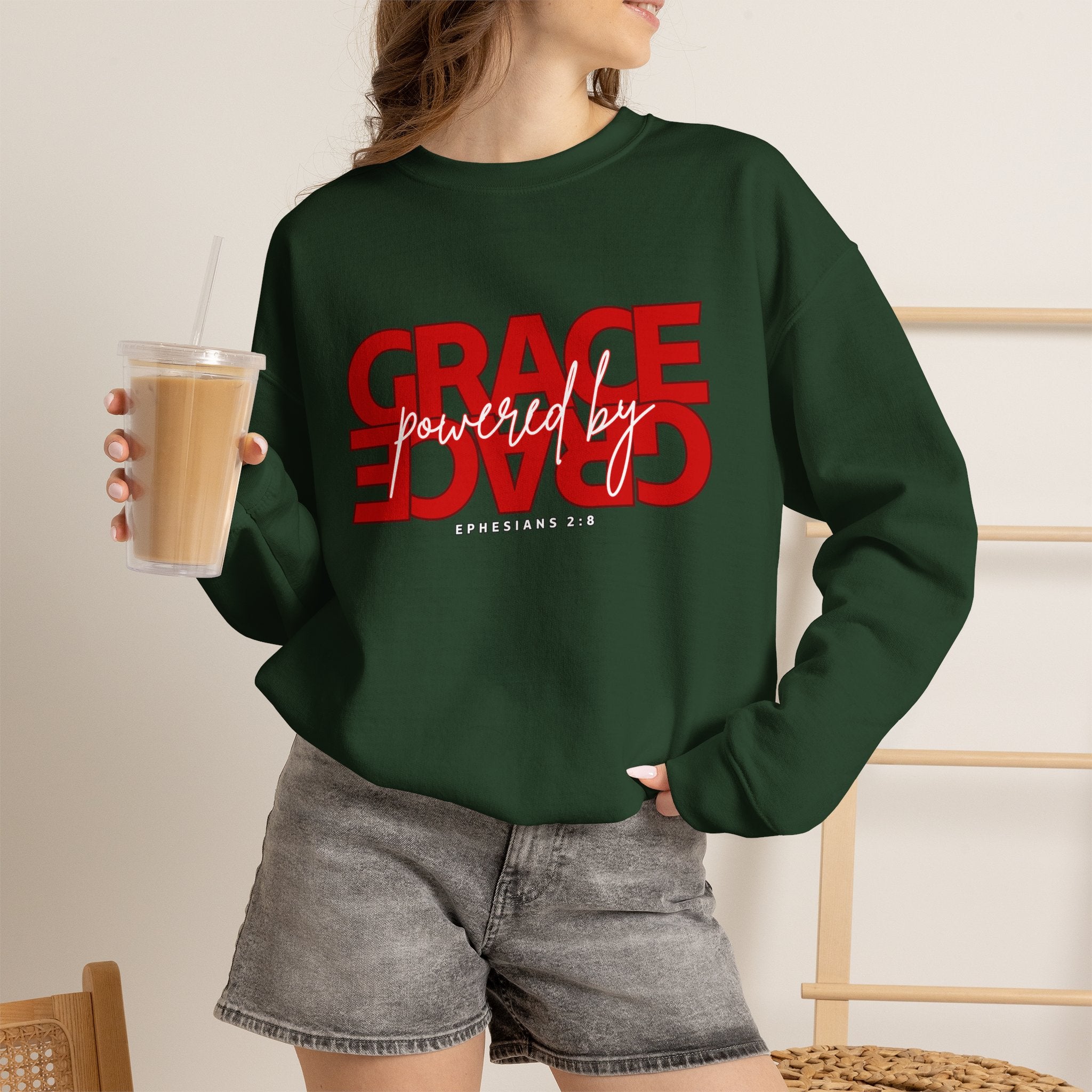 Crewneck Sweatshirt — "Grace Powered By God" Christian Faith Pullover (Ephesians 2:8)