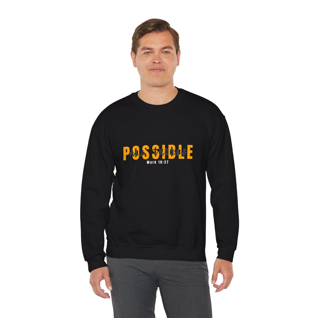 Christian Crewneck Sweatshirt "Possible" Pullover, Mark 10:27 Scripture Apparel, All Things Are Possible Faith Graphic Sweatshirt