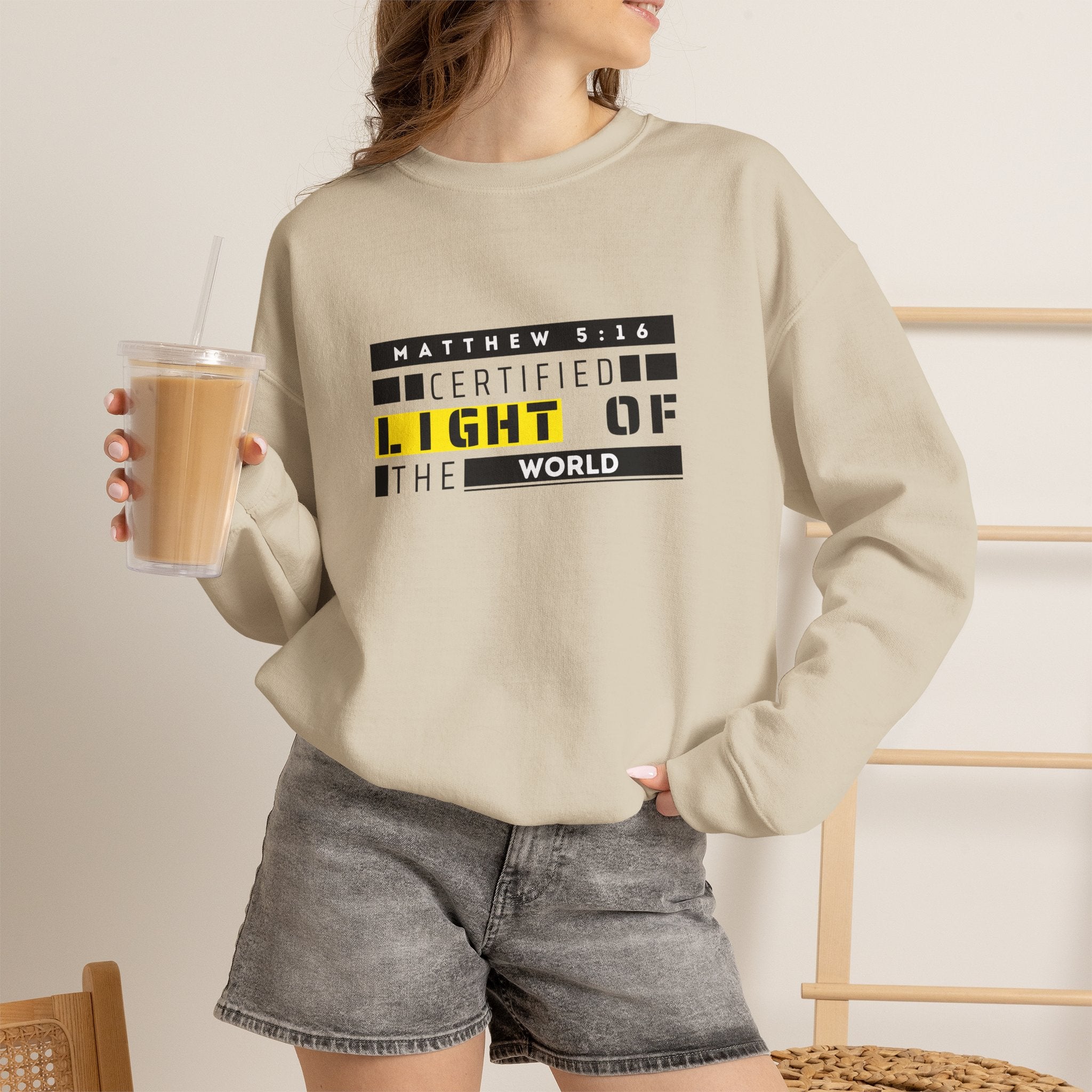Christian Crewneck Sweatshirt "Certified Light of the World" Pullover, Matthew 5:14 Scripture Apparel, Trendy Faith Graphic Sweatshirt