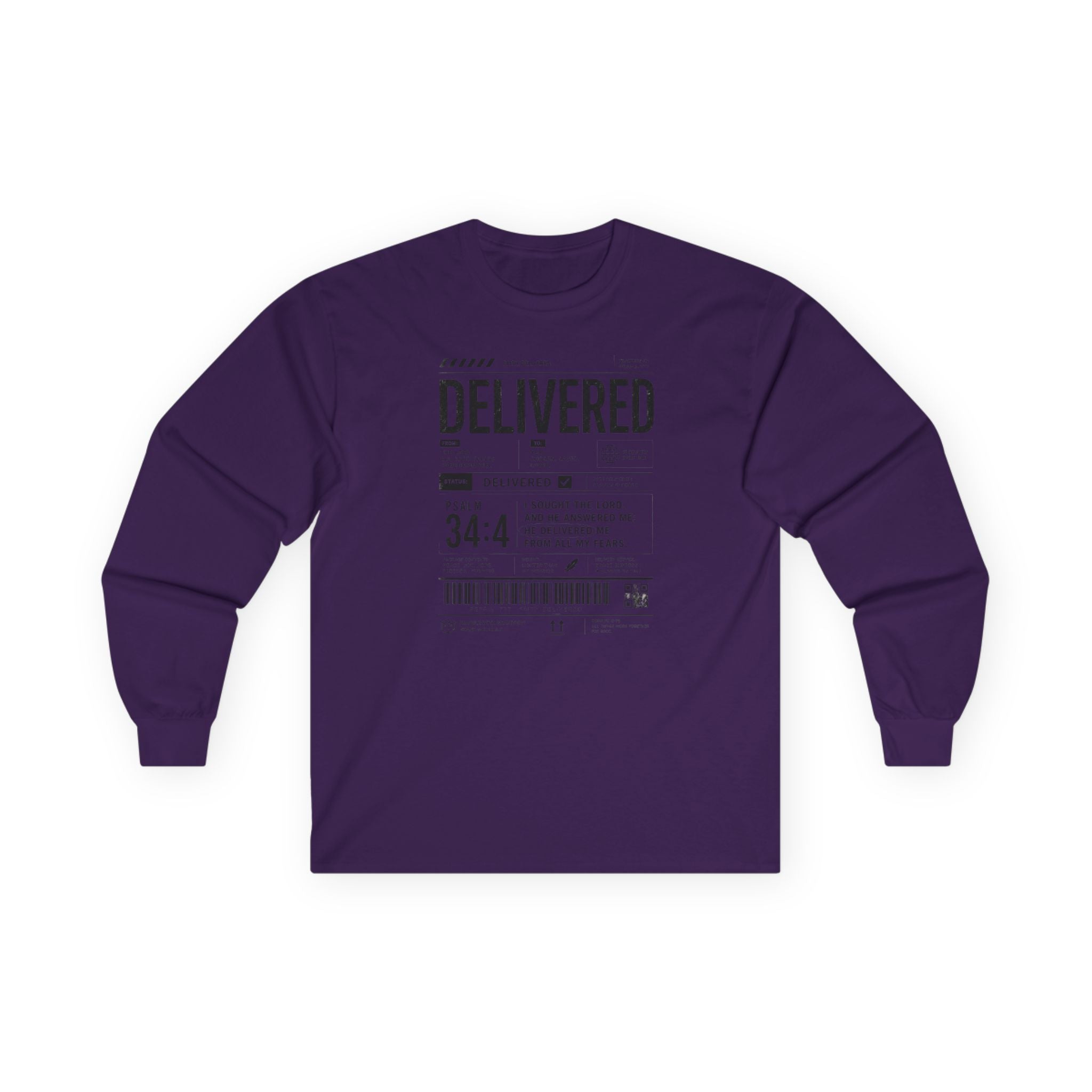Long Sleeve Christian Tee — 'Delivered' Shipping Label Graphic