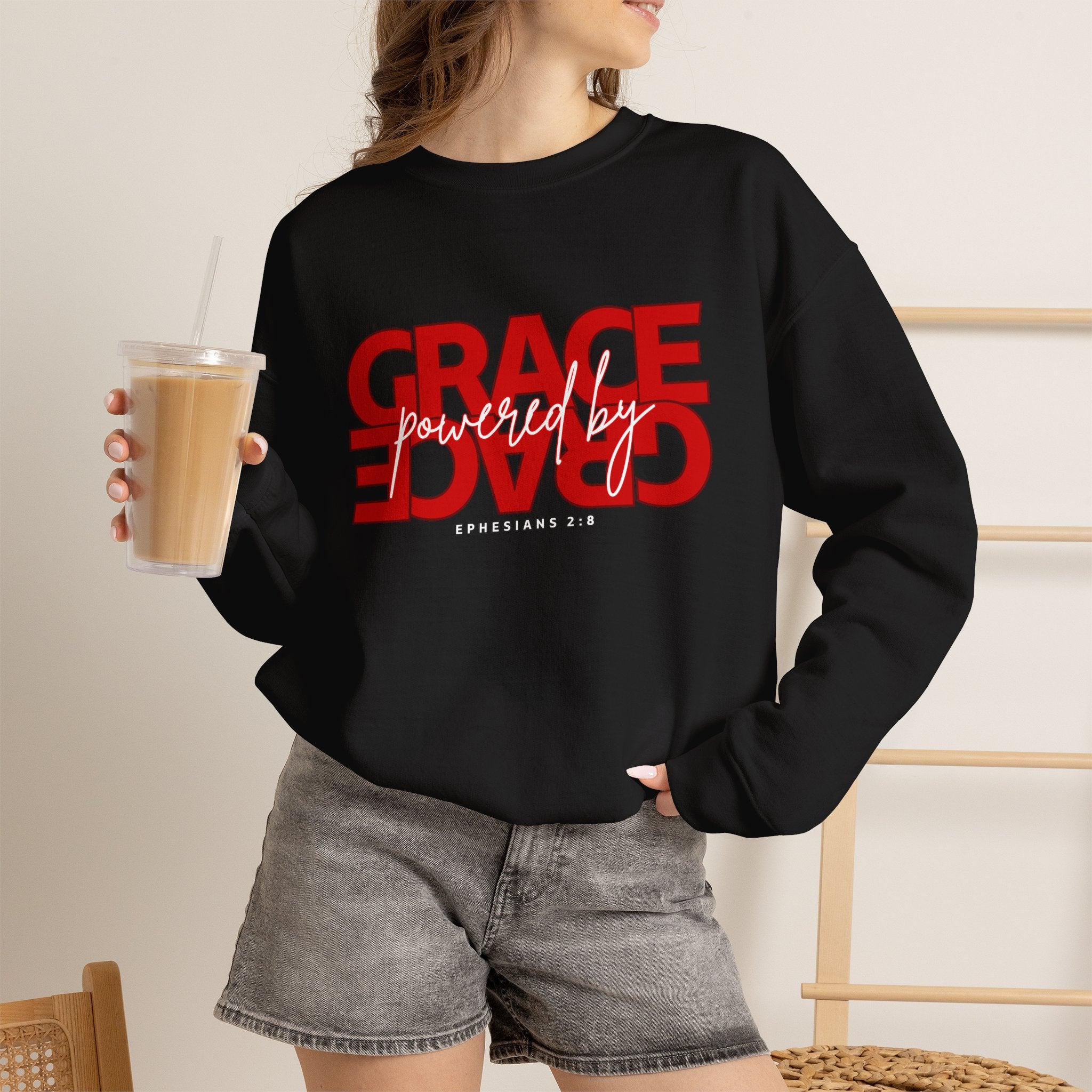 Crewneck Sweatshirt — "Grace Powered By God" Christian Faith Pullover (Ephesians 2:8)