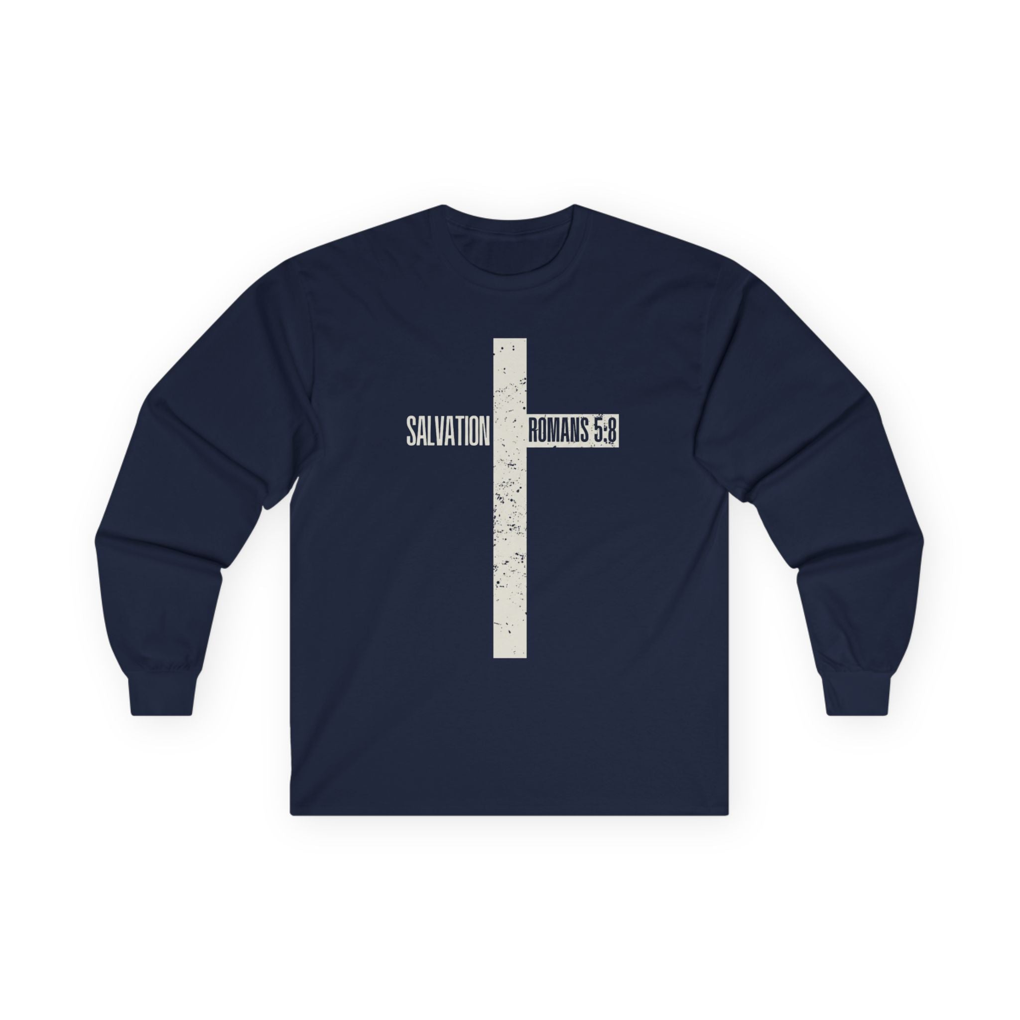 Salvation Cross Long Sleeve Tee — "Romans 5:8" Christian Faith Shirt