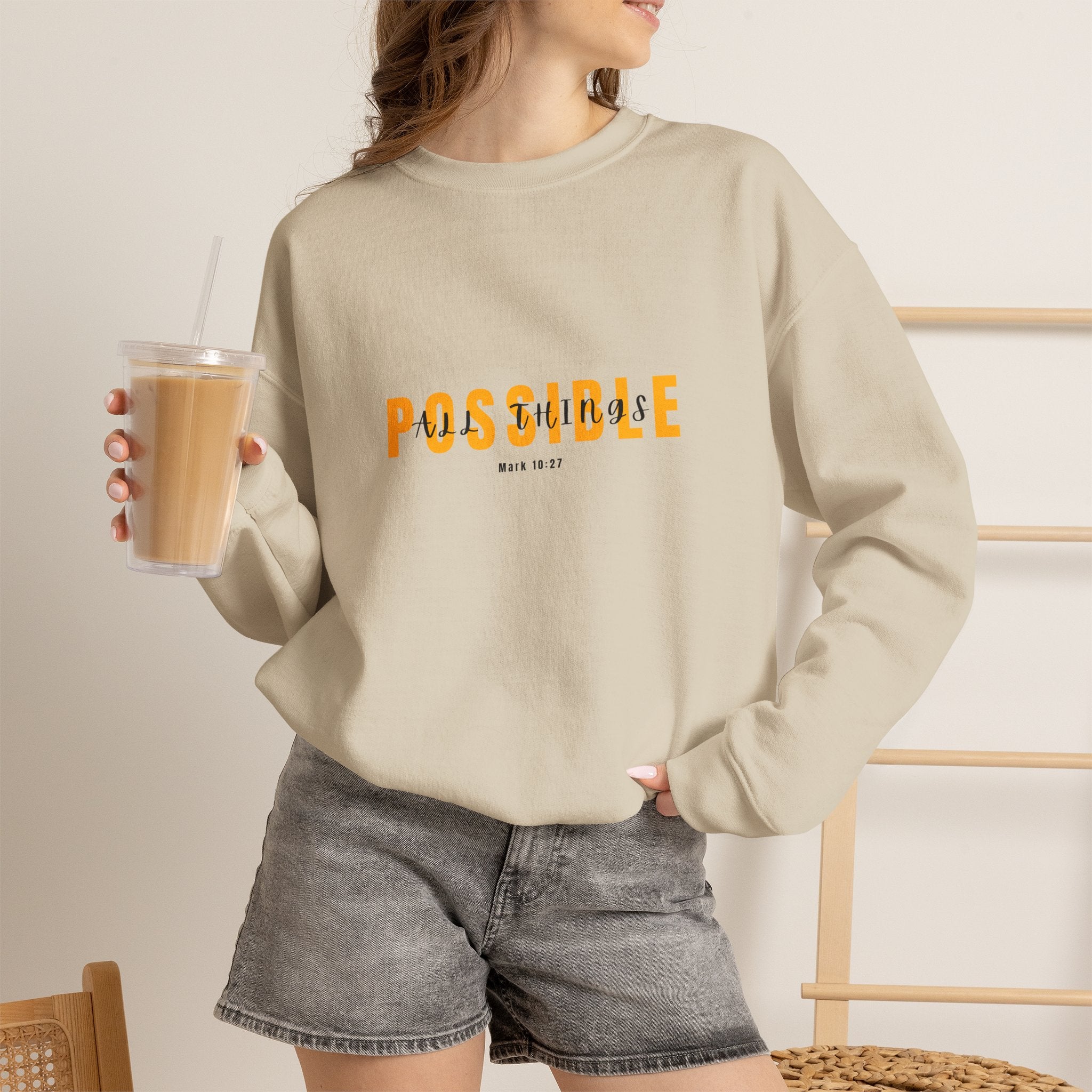 Christian Crewneck Sweatshirt "All Things Possible" Pullover, Inspirational Scripture Apparel, Faith Typography Graphic Sweatshirt