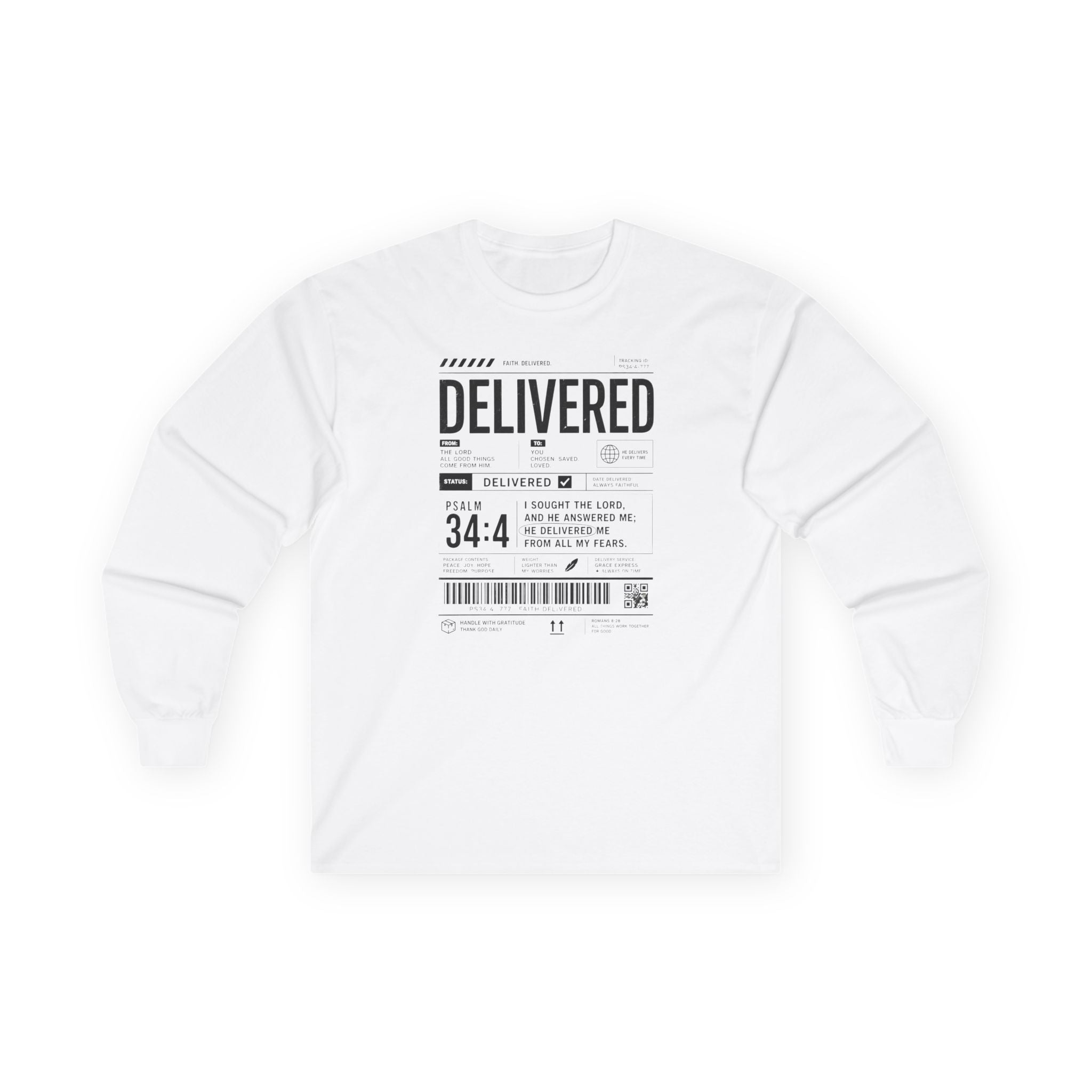 Long Sleeve Christian Tee — 'Delivered' Shipping Label Graphic