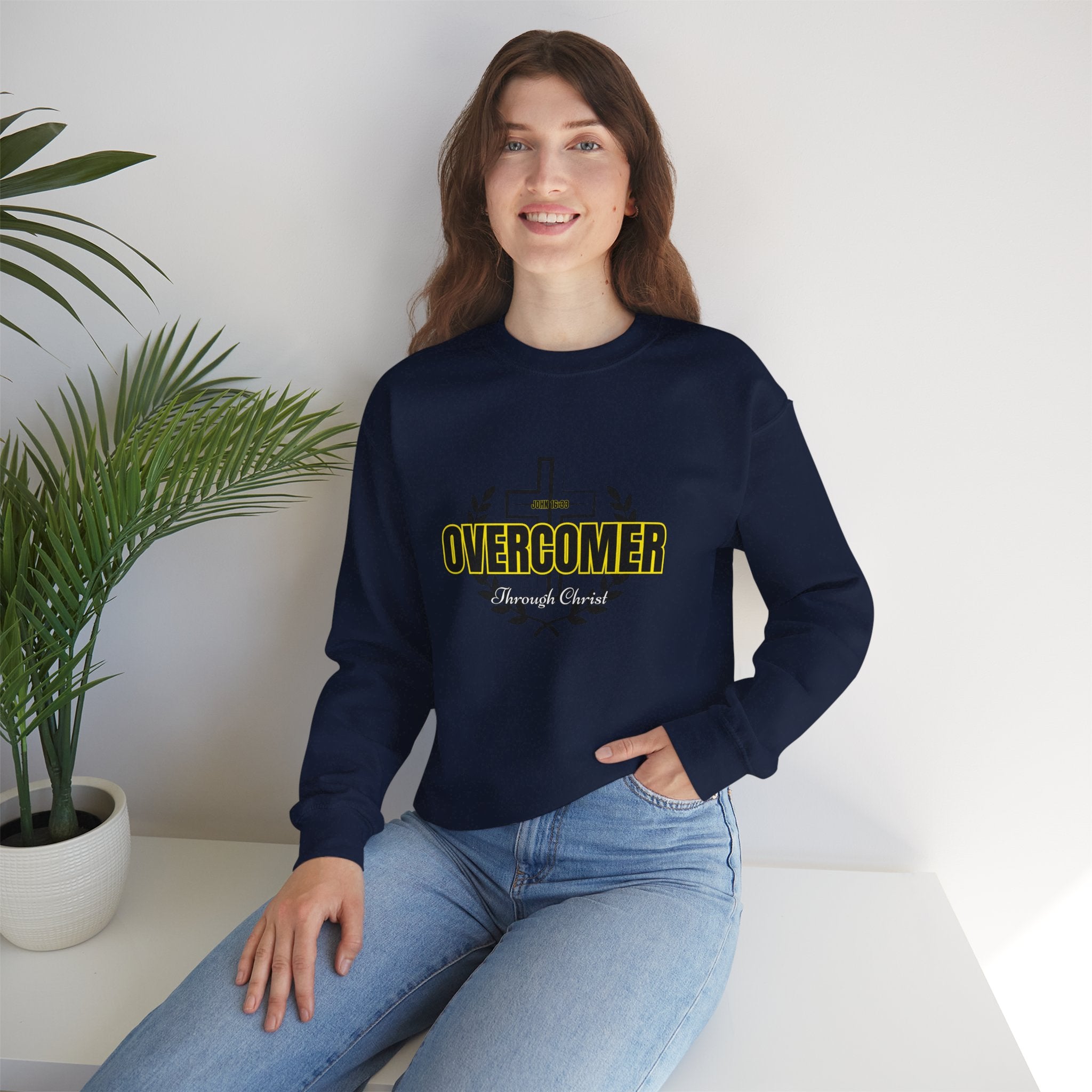 "Overcomer" Cross Graphic Crewneck – Unisex Minimalist Faith Pullover