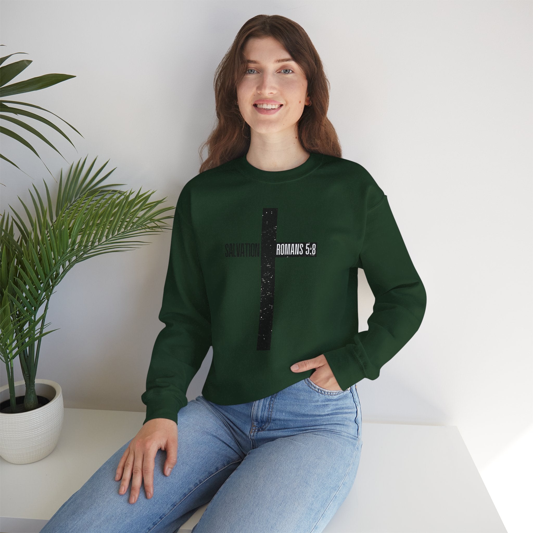 Christian Crewneck Sweatshirt "Salvation" Romans 5:8 Pullover, Jesus Cross Apparel, Faith Grace Graphic Sweatshirt