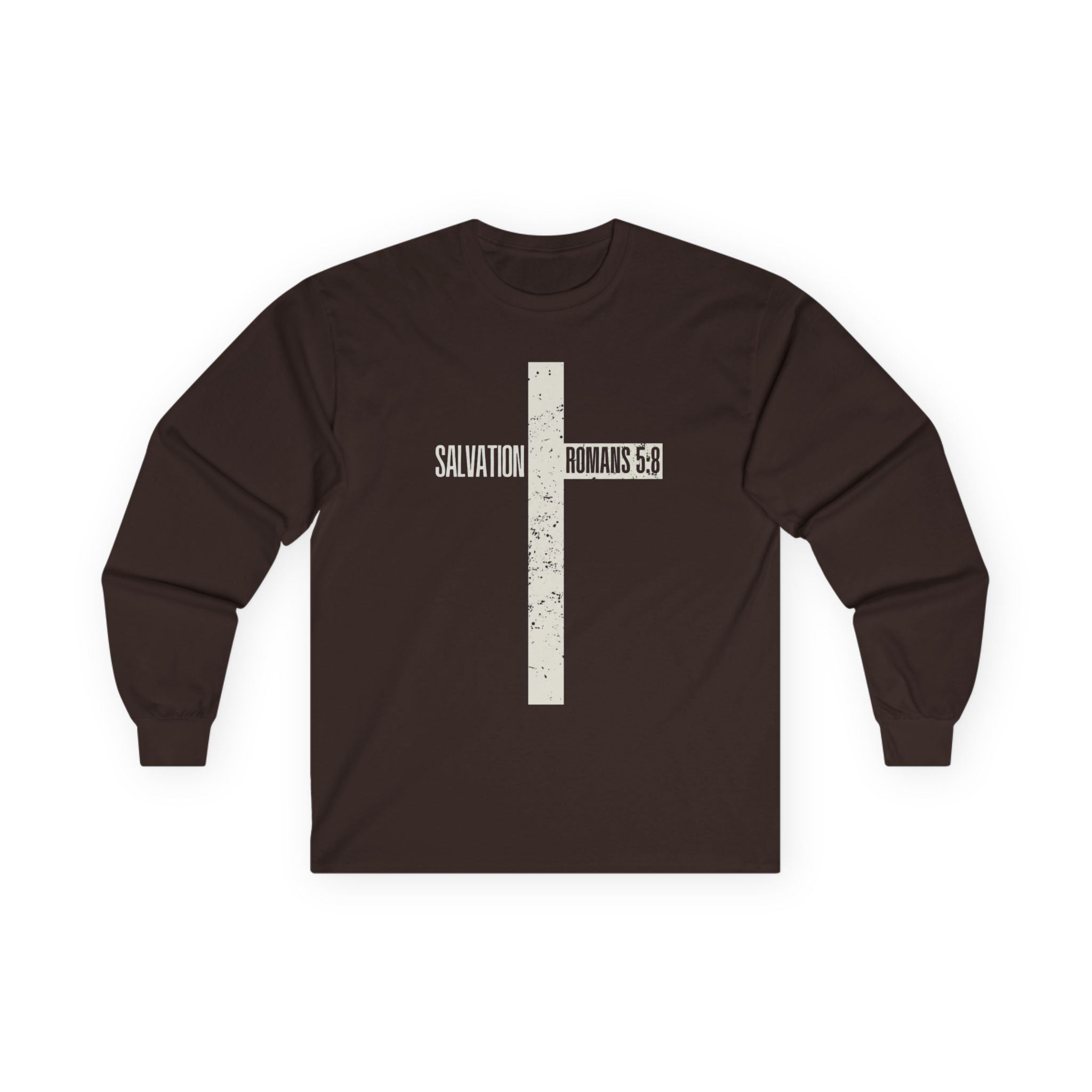 Salvation Cross Long Sleeve Tee — "Romans 5:8" Christian Faith Shirt