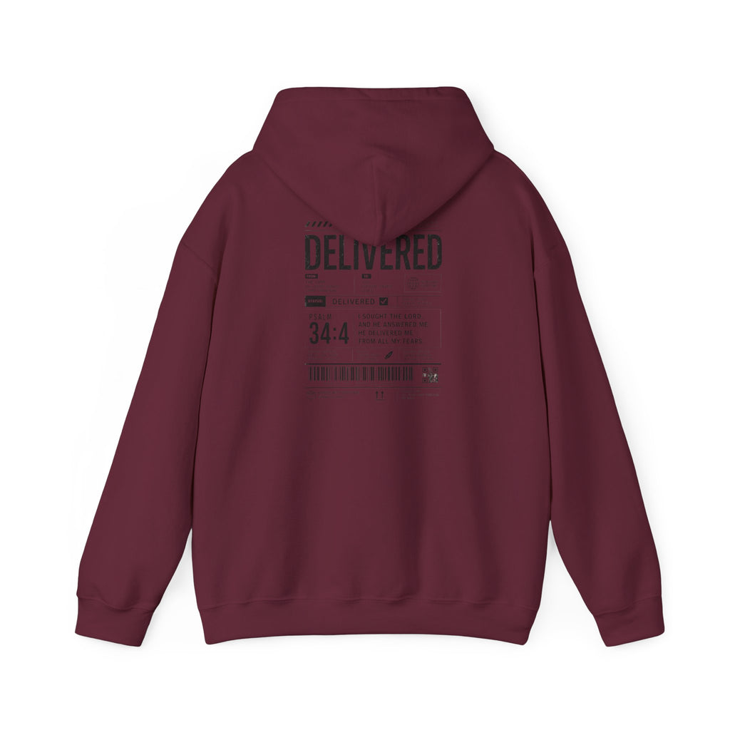 Christian Graphic Hoodie 'Delivered' Shipping Label Pullover, Faith-Based Streetwear Sweatshirt