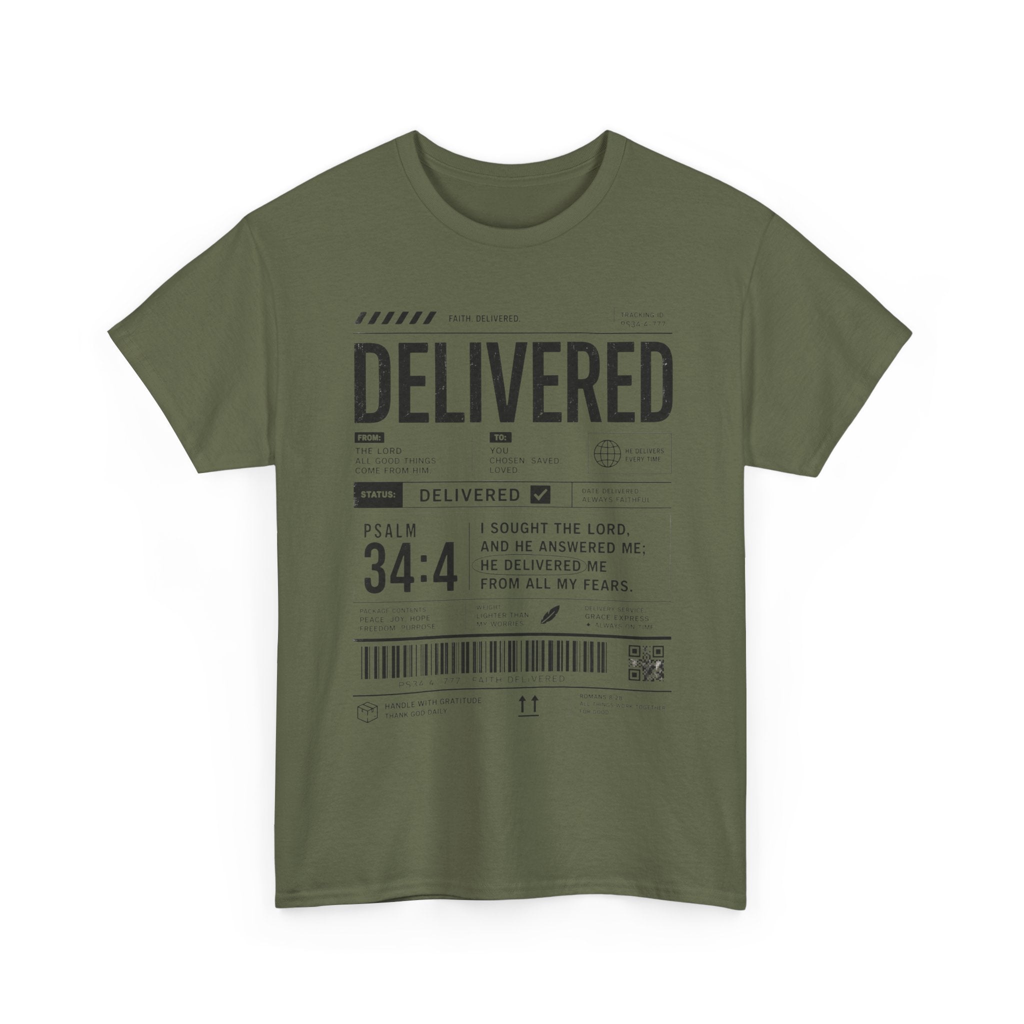 Delivered Graphic Tee — Inspirational Psalm 34:4 Christian T-Shirt