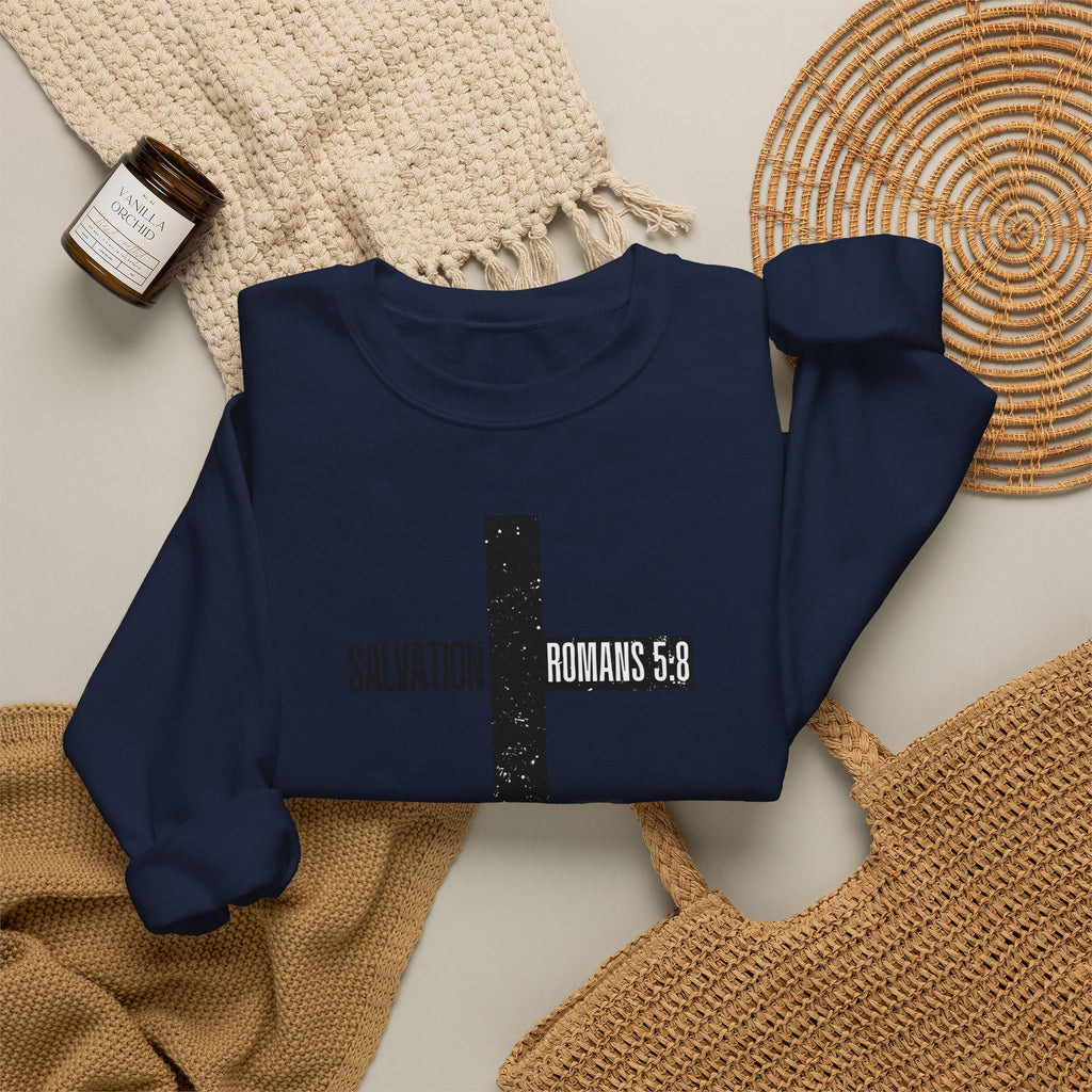 Christian Crewneck Sweatshirt "Salvation" Romans 5:8 Pullover, Jesus Cross Apparel, Faith Grace Graphic Sweatshirt