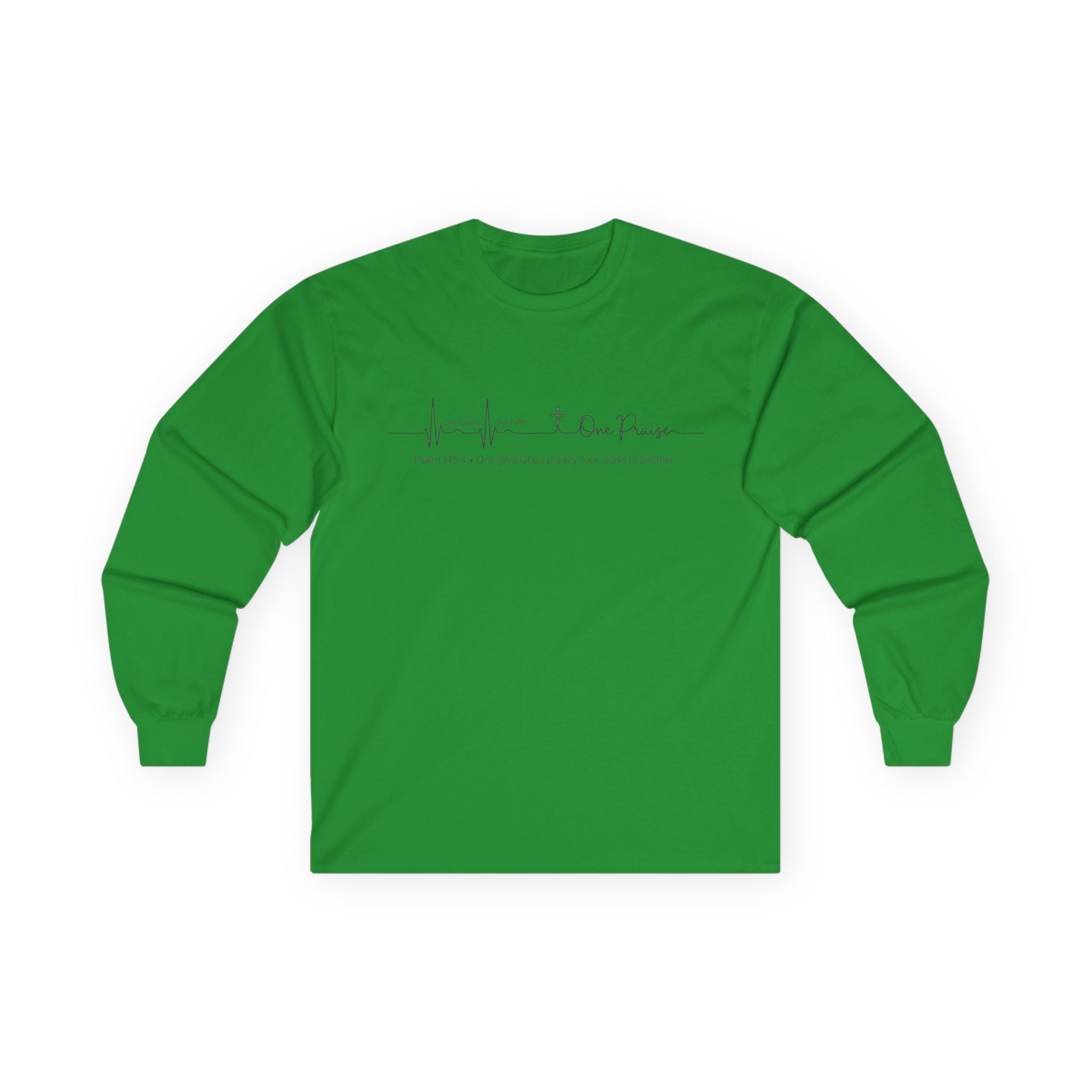 Long Sleeve Tee — Hope Heartbeat Cross "One Faith One Family One Praise" Minimalist Christian Shirt