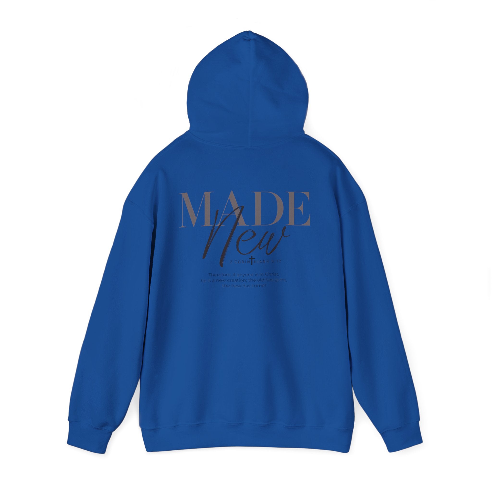 Inspirational Hoodie "Made New" Back Print Pullover, Christian Faith Sweatshirt, Minimalist Graphic Streetwear