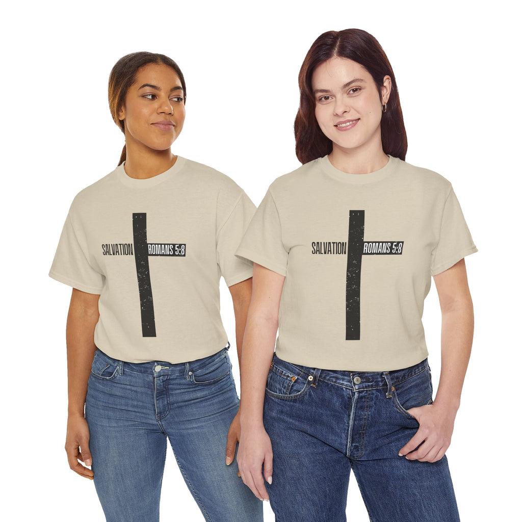 Christian Cross T-Shirt — "Salvation Romans 5:8" Faith Tee