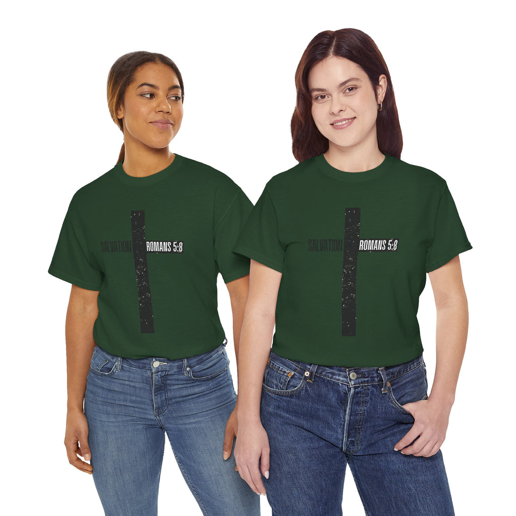 Christian Cross T-Shirt — "Salvation Romans 5:8" Faith Tee