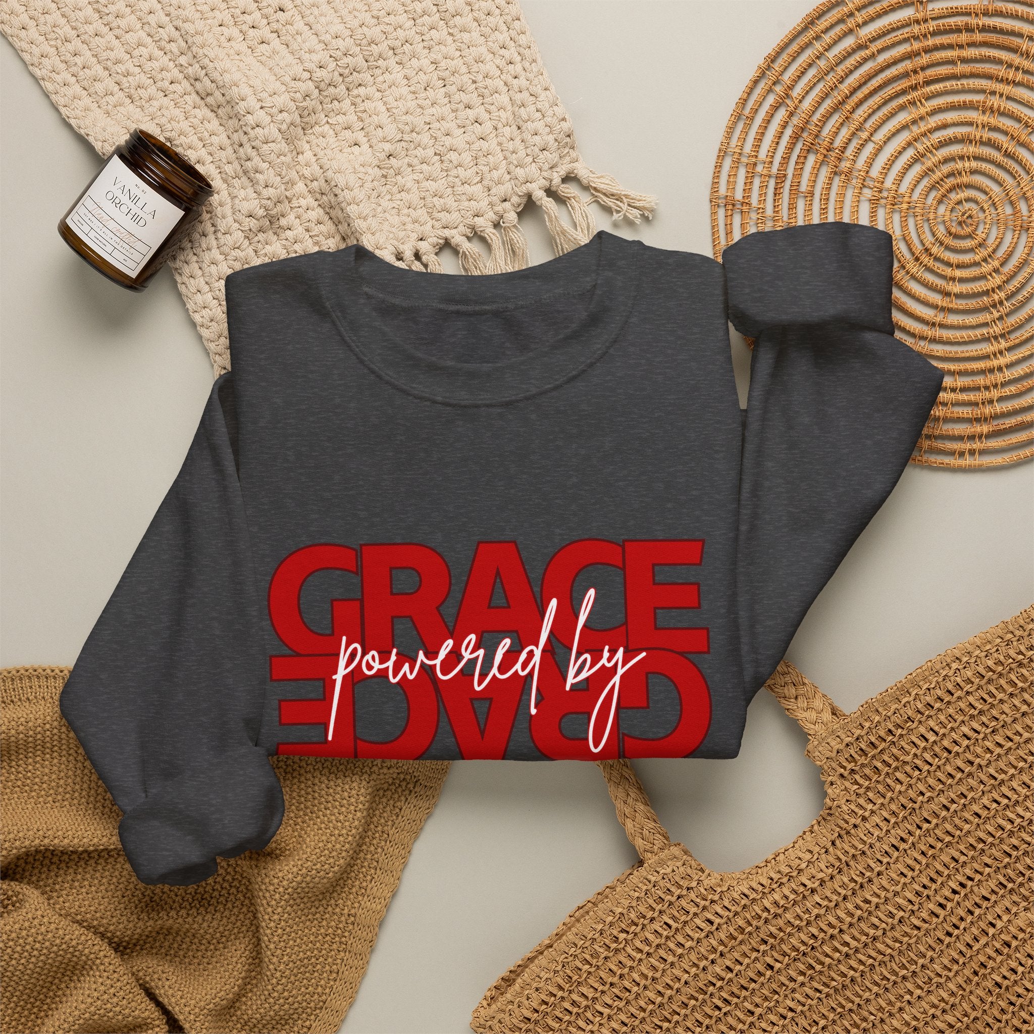 Crewneck Sweatshirt — "Grace Powered By God" Christian Faith Pullover (Ephesians 2:8)