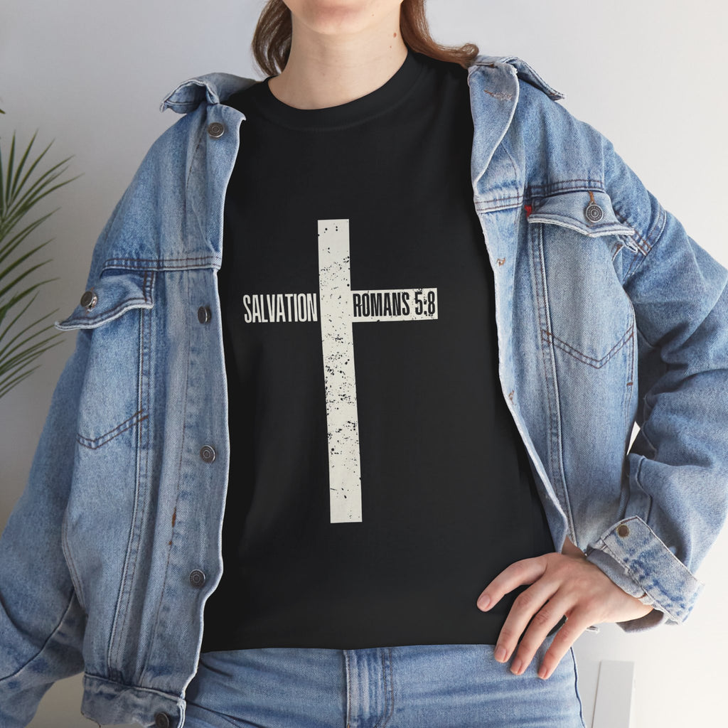 Christian Cross T-Shirt — "Salvation Romans 5:8" Faith Tee