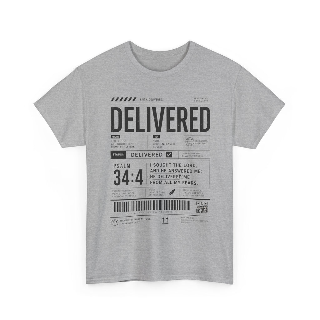 Delivered Graphic Tee — Inspirational Psalm 34:4 Christian T-Shirt