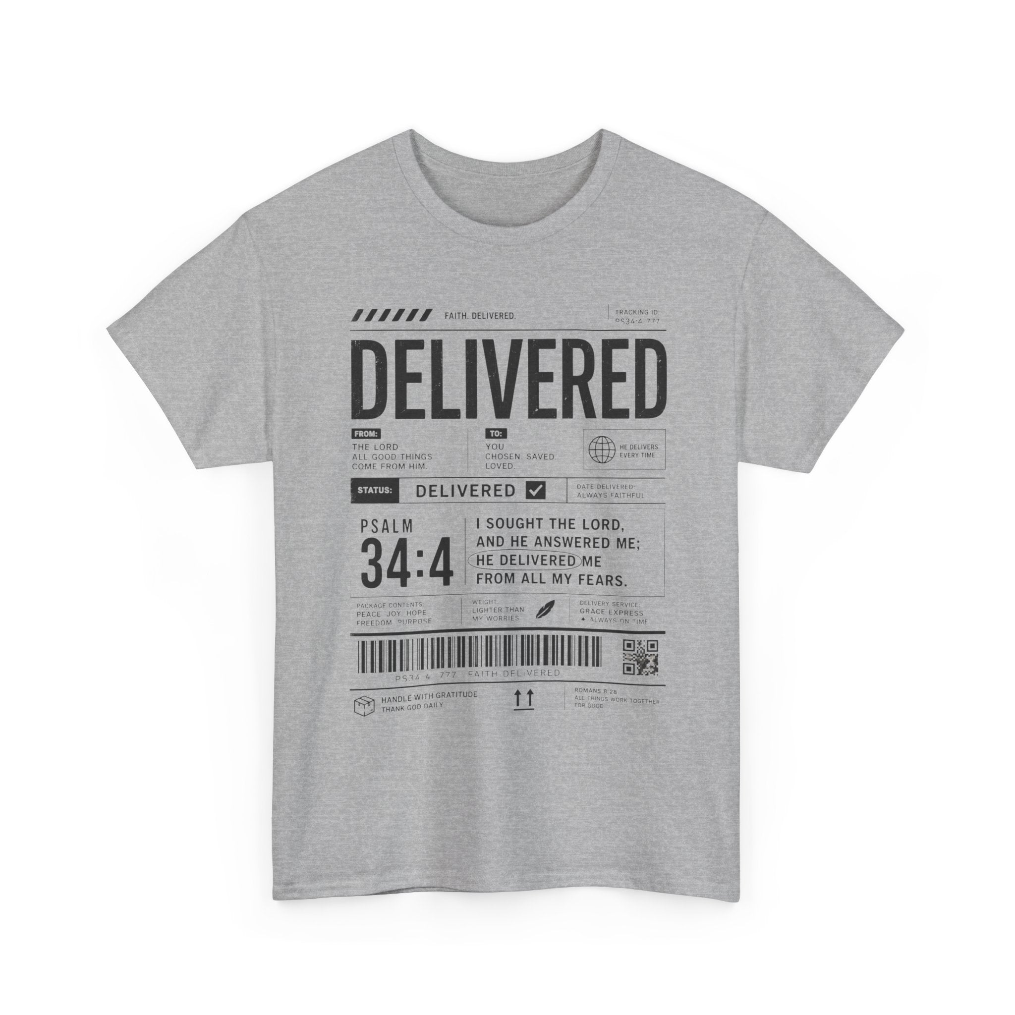 Delivered Graphic Tee — Inspirational Psalm 34:4 Christian T-Shirt