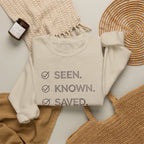 Christian Crewneck Sweatshirt "Seen Known Saved" Pullover, Gospel Faith Message Apparel, Inspirational Religious Sweatshirt