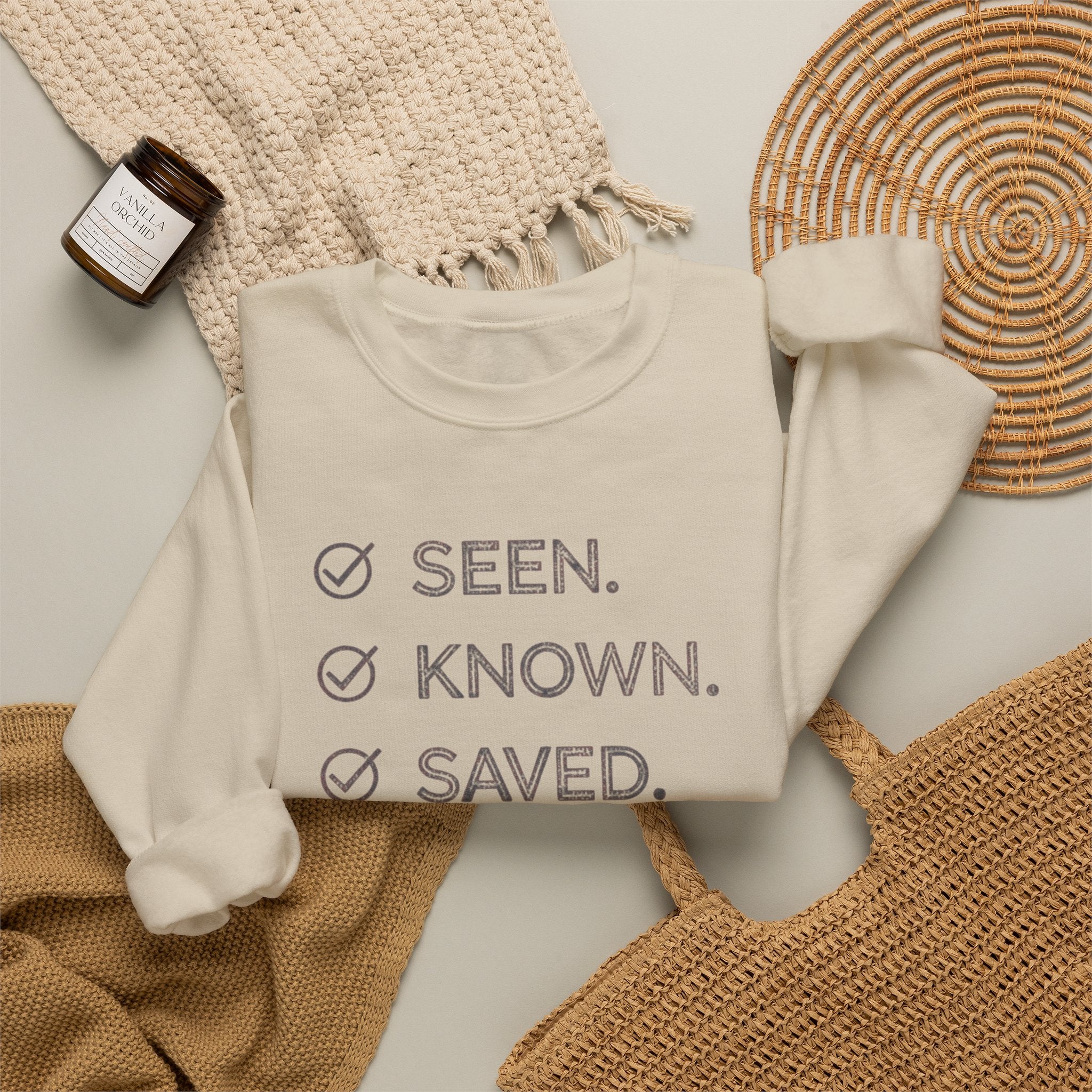 Christian Crewneck Sweatshirt "Seen Known Saved" Pullover, Gospel Faith Message Apparel, Inspirational Religious Sweatshirt