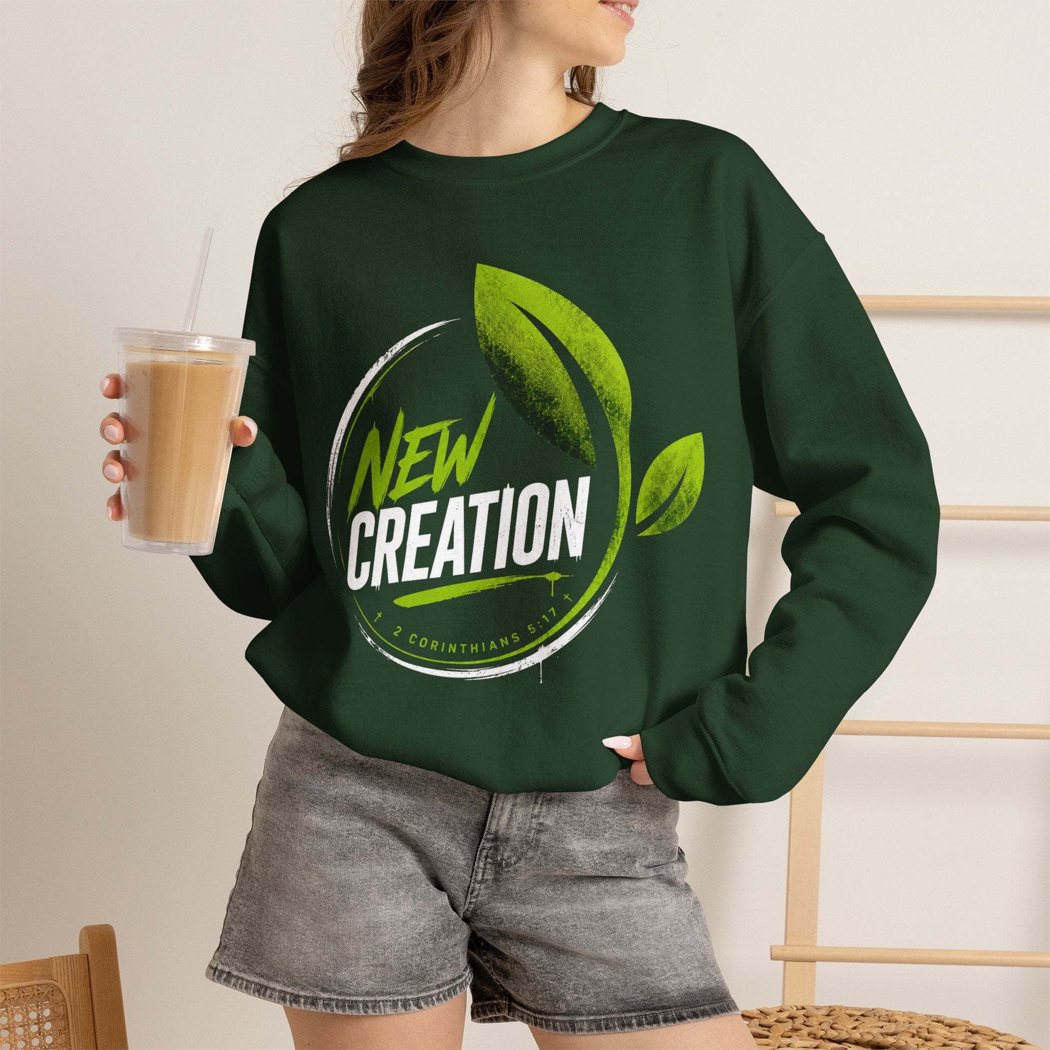 Christian Crewneck Sweatshirt "New Creation" Pullover, 2 Corinthians 5:17 Scripture Apparel, Green Leaf Graphic Sweatshirt