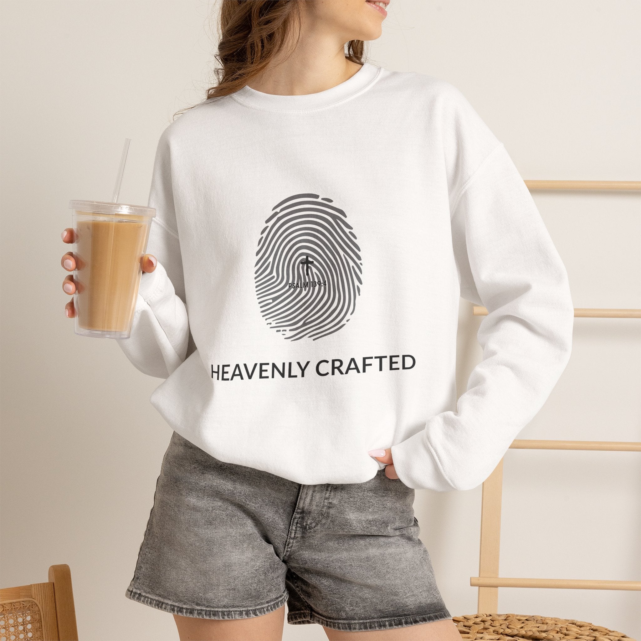 Christian Crewneck Sweatshirt "Heavenly Crafted" Fingerprint Pullover, Psalm 139 Identity Apparel, Unique Faith Graphic Sweatshirt