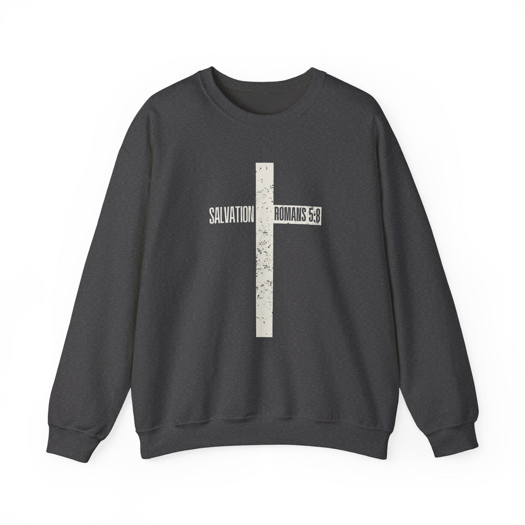 Christian Crewneck Sweatshirt "Salvation" Romans 5:8 Pullover, White Cross Graphic Apparel, Rustic Style Faith Sweatshirt