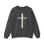 Christian Crewneck Sweatshirt "Salvation" Romans 5:8 Pullover, White Cross Graphic Apparel, Rustic Style Faith Sweatshirt