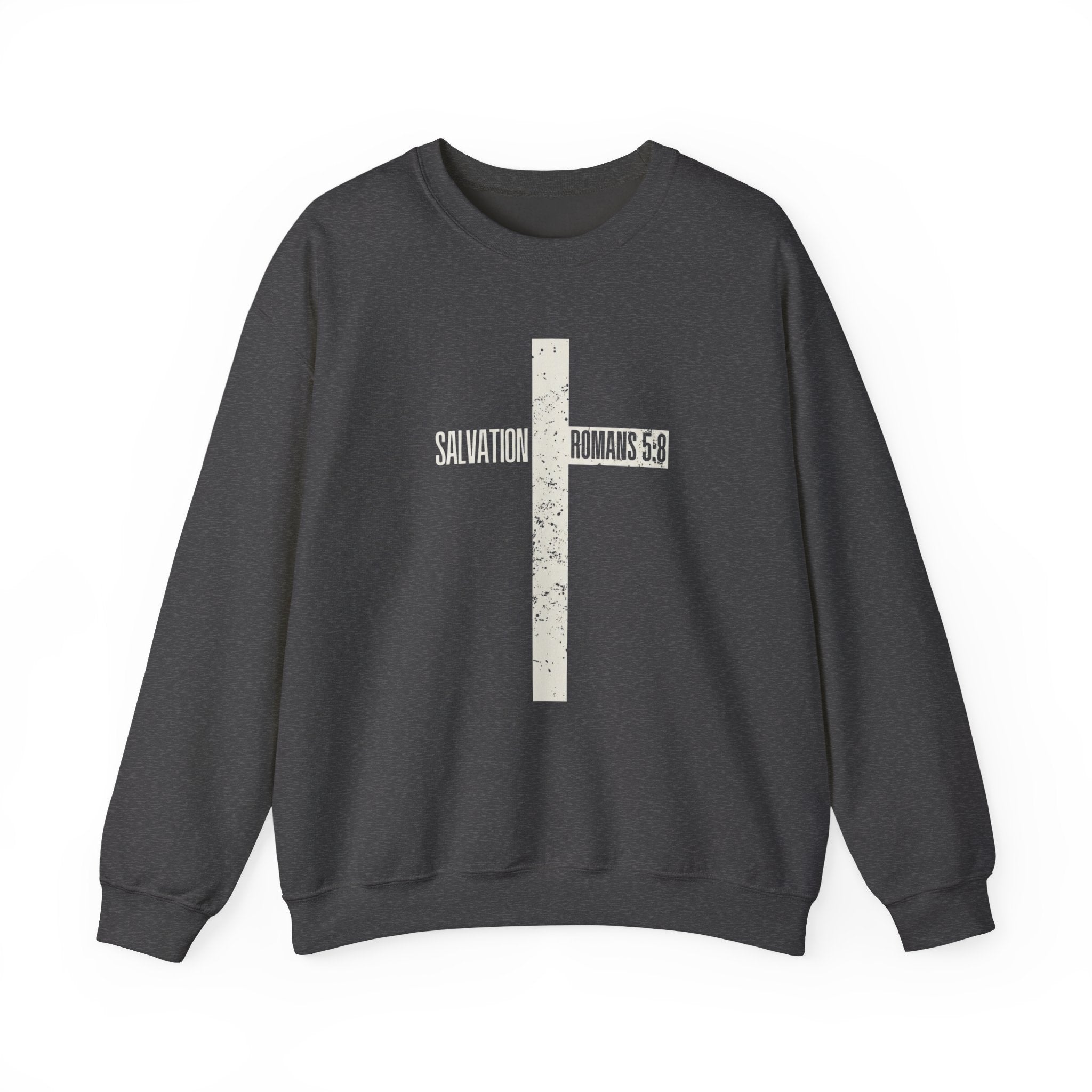 Christian Crewneck Sweatshirt "Salvation" Romans 5:8 Pullover, White Cross Graphic Apparel, Rustic Style Faith Sweatshirt