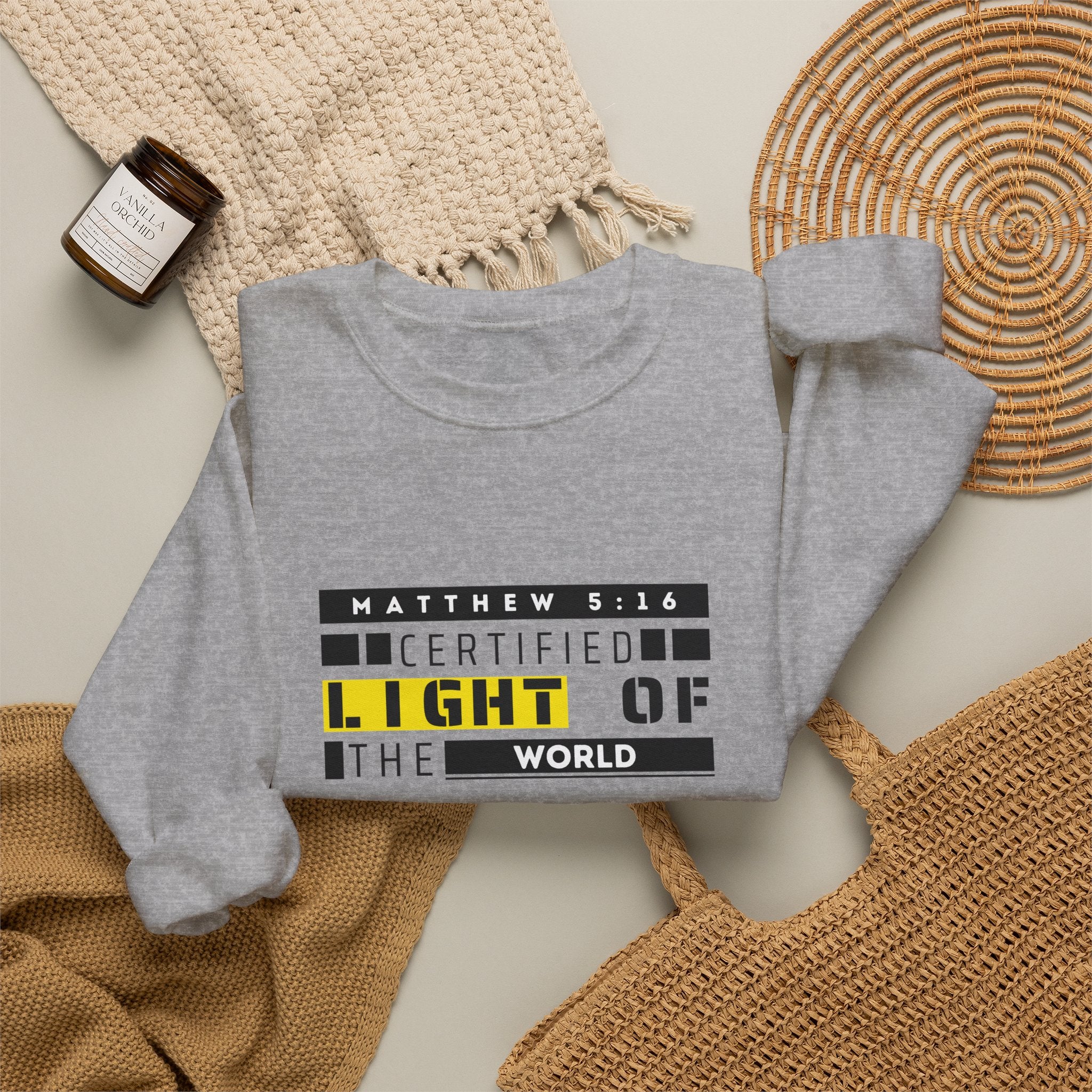 Christian Crewneck Sweatshirt "Certified Light of the World" Pullover, Matthew 5:14 Scripture Apparel, Trendy Faith Graphic Sweatshirt