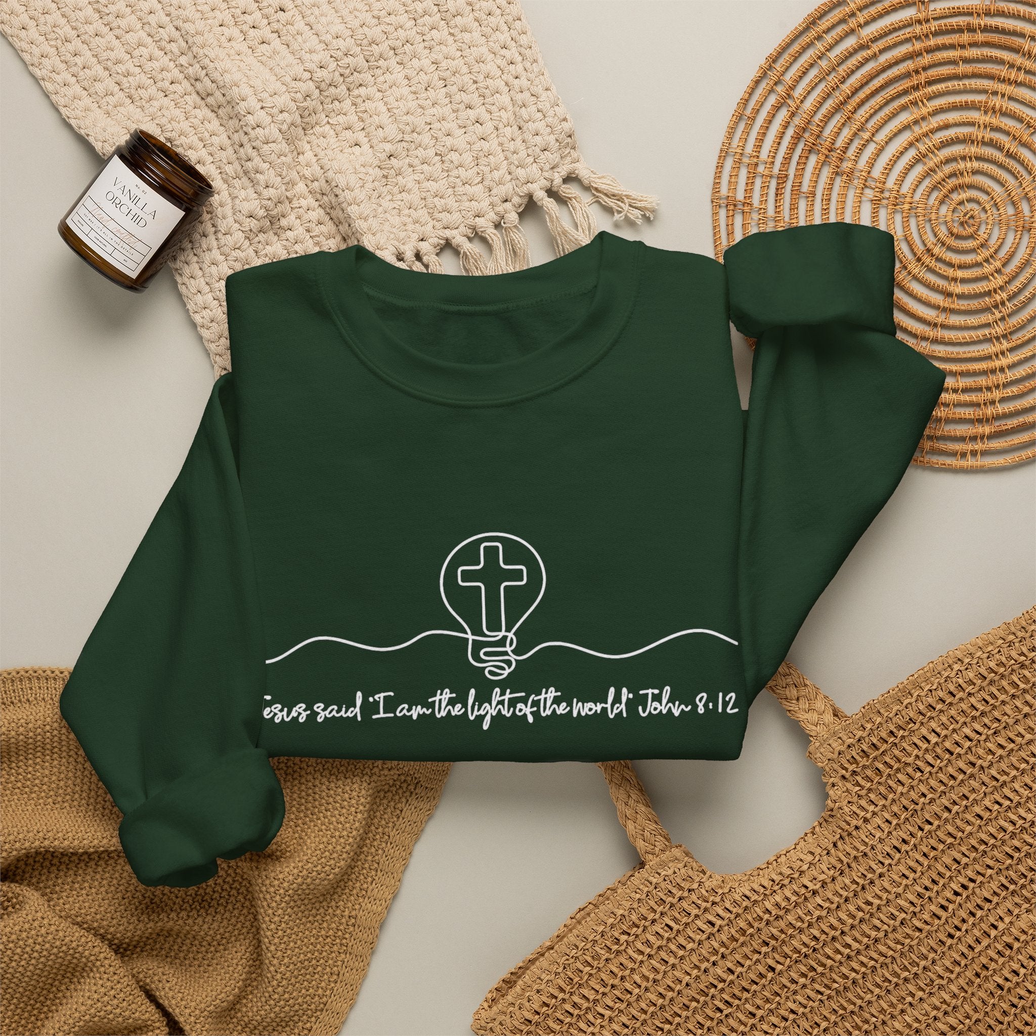 Christian Crewneck Sweatshirt "I AM the Light" Cross Pullover, John 8:12 Scripture Apparel, Faith Graphic Sweatshirt