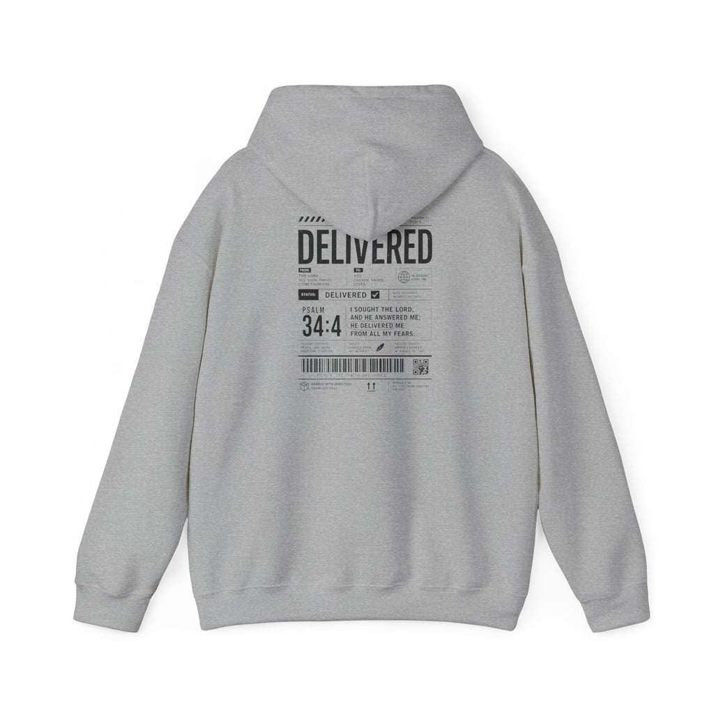 Christian Graphic Hoodie 'Delivered' Shipping Label Pullover, Faith-Based Streetwear Sweatshirt