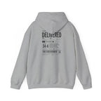 Christian Graphic Hoodie 'Delivered' Shipping Label Pullover, Faith-Based Streetwear Sweatshirt