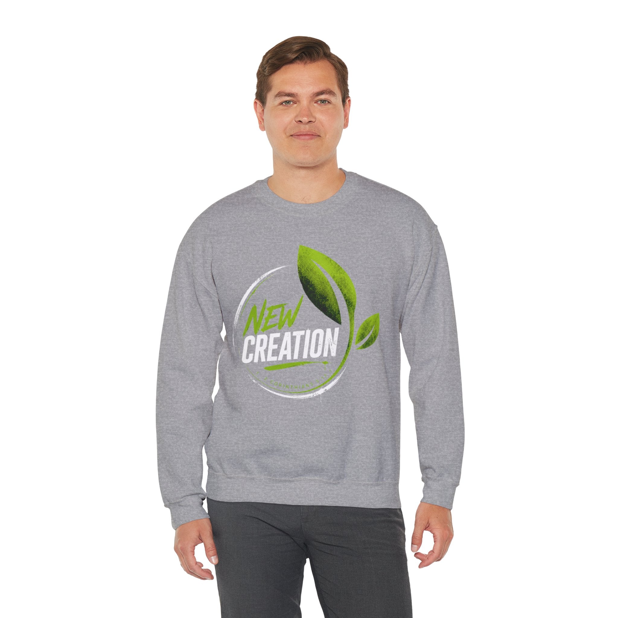 Christian Crewneck Sweatshirt "New Creation" Pullover, 2 Corinthians 5:17 Scripture Apparel, Green Leaf Graphic Sweatshirt