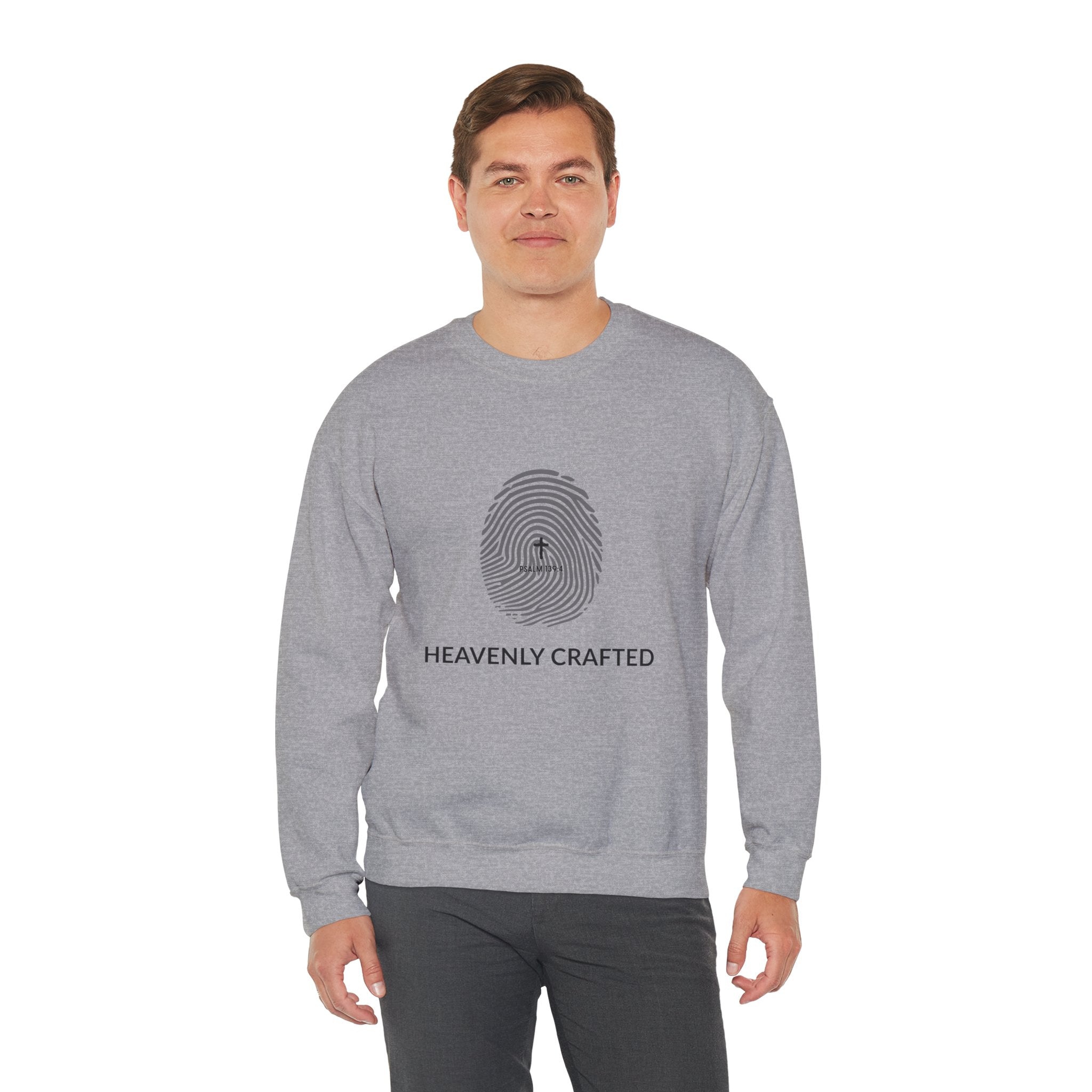 Christian Crewneck Sweatshirt "Heavenly Crafted" Fingerprint Pullover, Psalm 139 Identity Apparel, Unique Faith Graphic Sweatshirt
