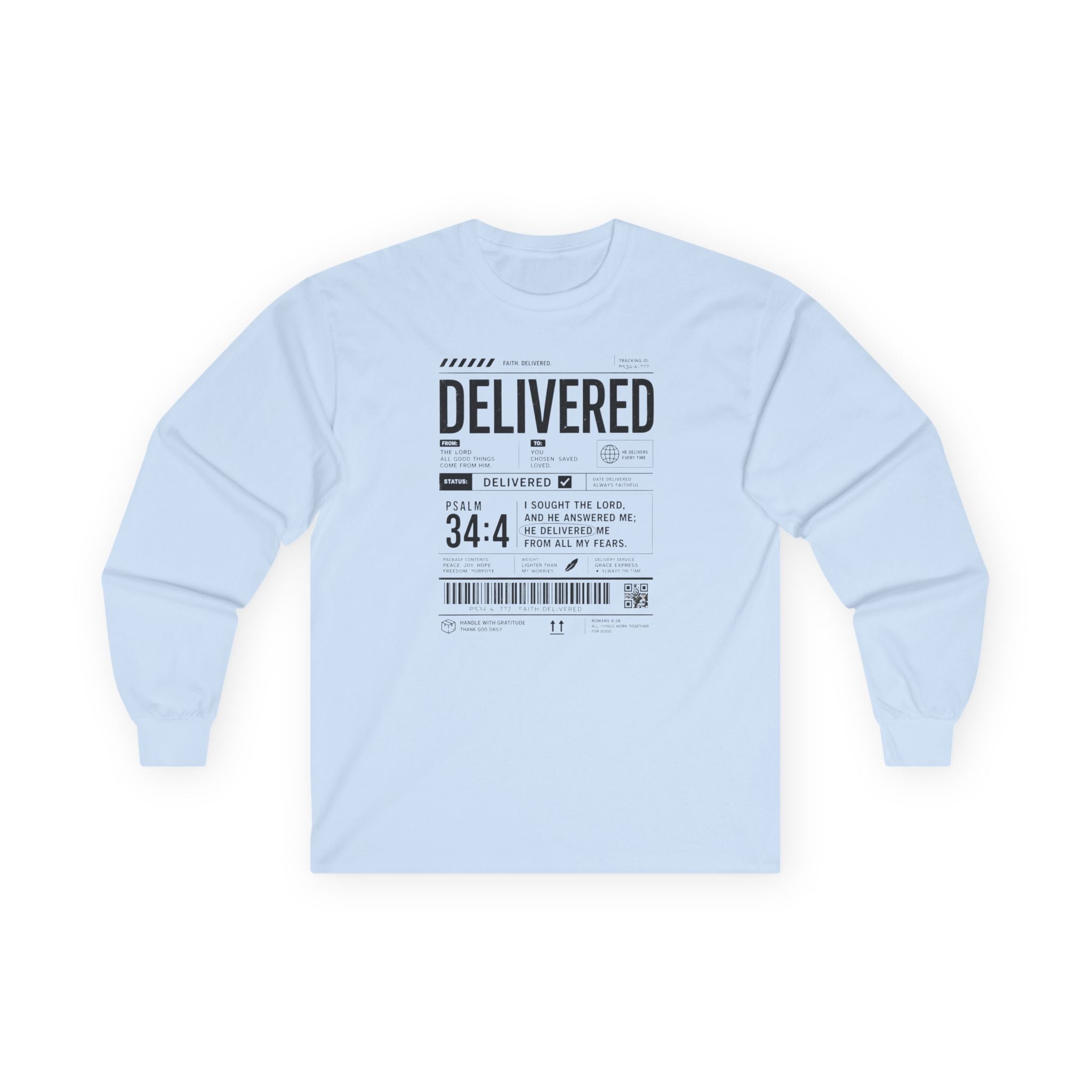 Long Sleeve Christian Tee — 'Delivered' Shipping Label Graphic