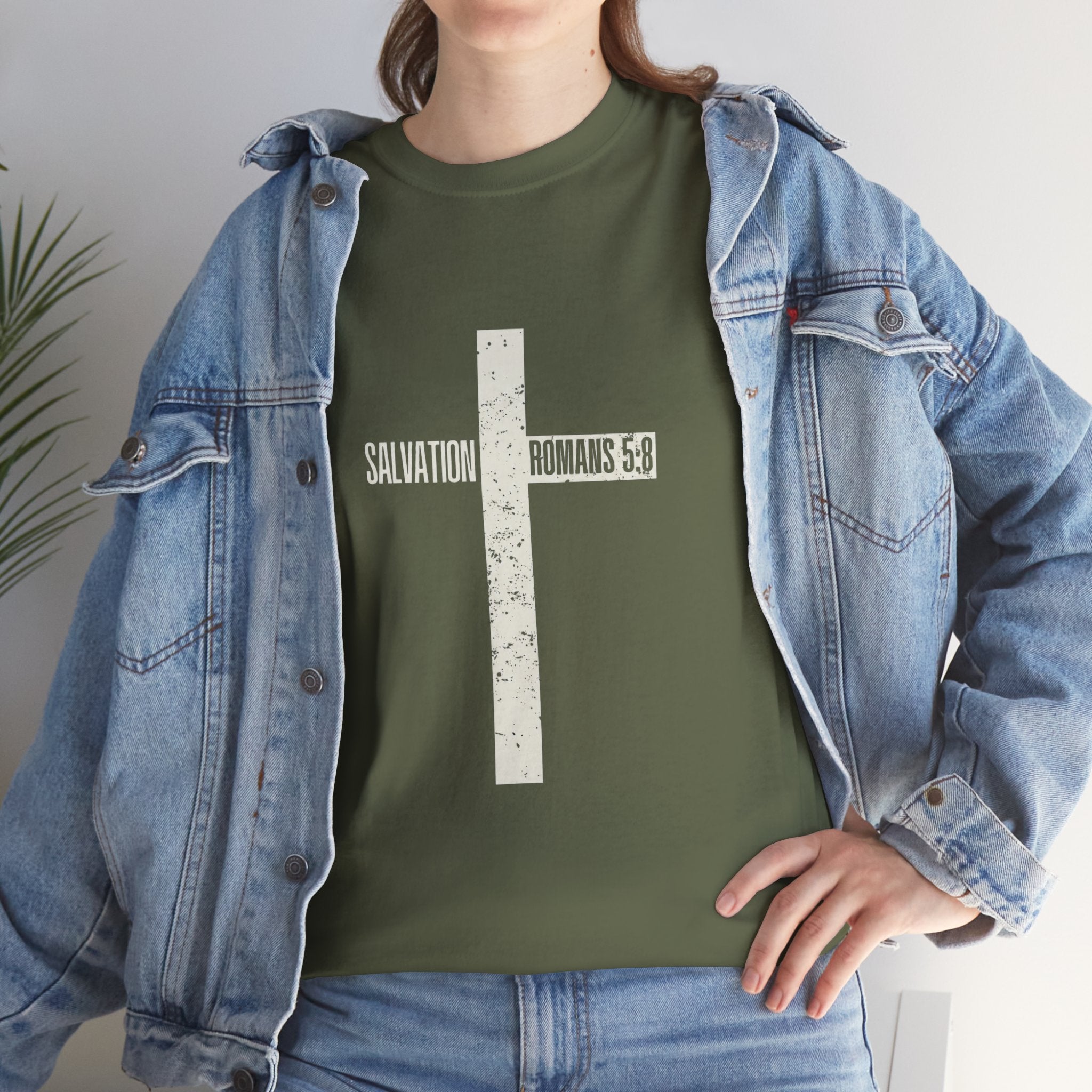 Christian Cross T-Shirt — "Salvation Romans 5:8" Faith Tee