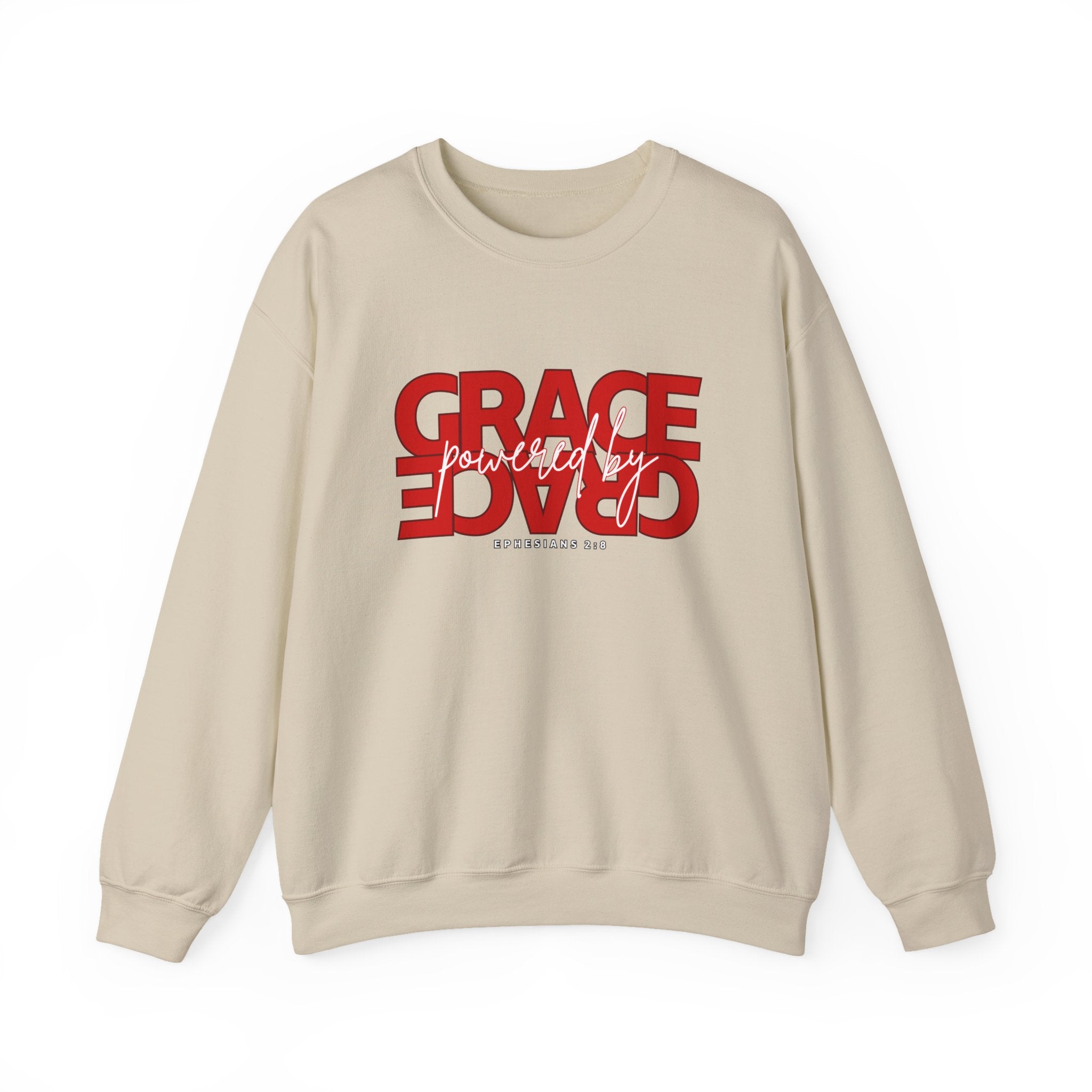 Crewneck Sweatshirt — "Grace Powered By God" Christian Faith Pullover (Ephesians 2:8)