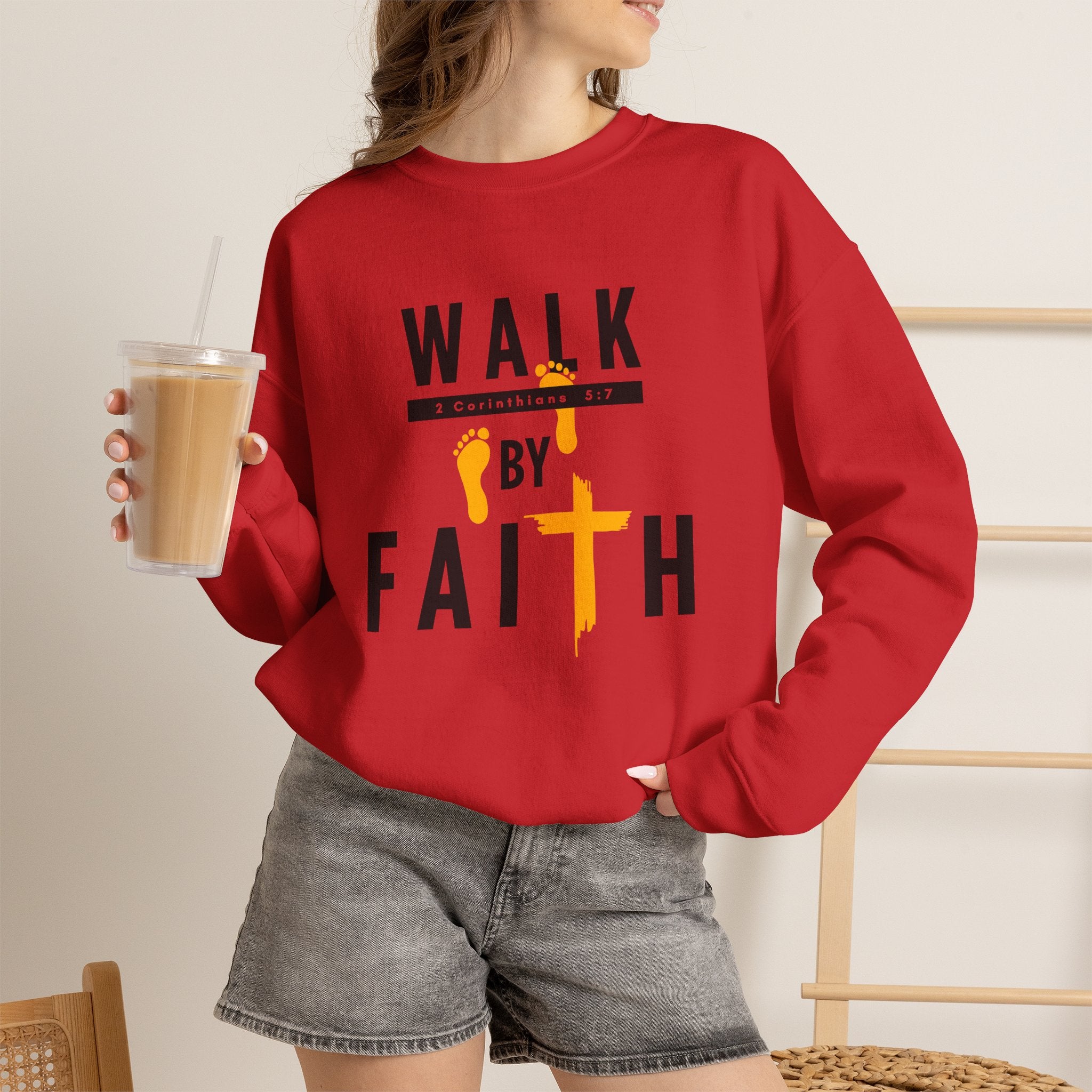 Christian Crewneck Sweatshirt "Walk By Faith" Pullover, 2 Corinthians 5:7 Apparel, Inspirational Faith Graphic Sweatshirt