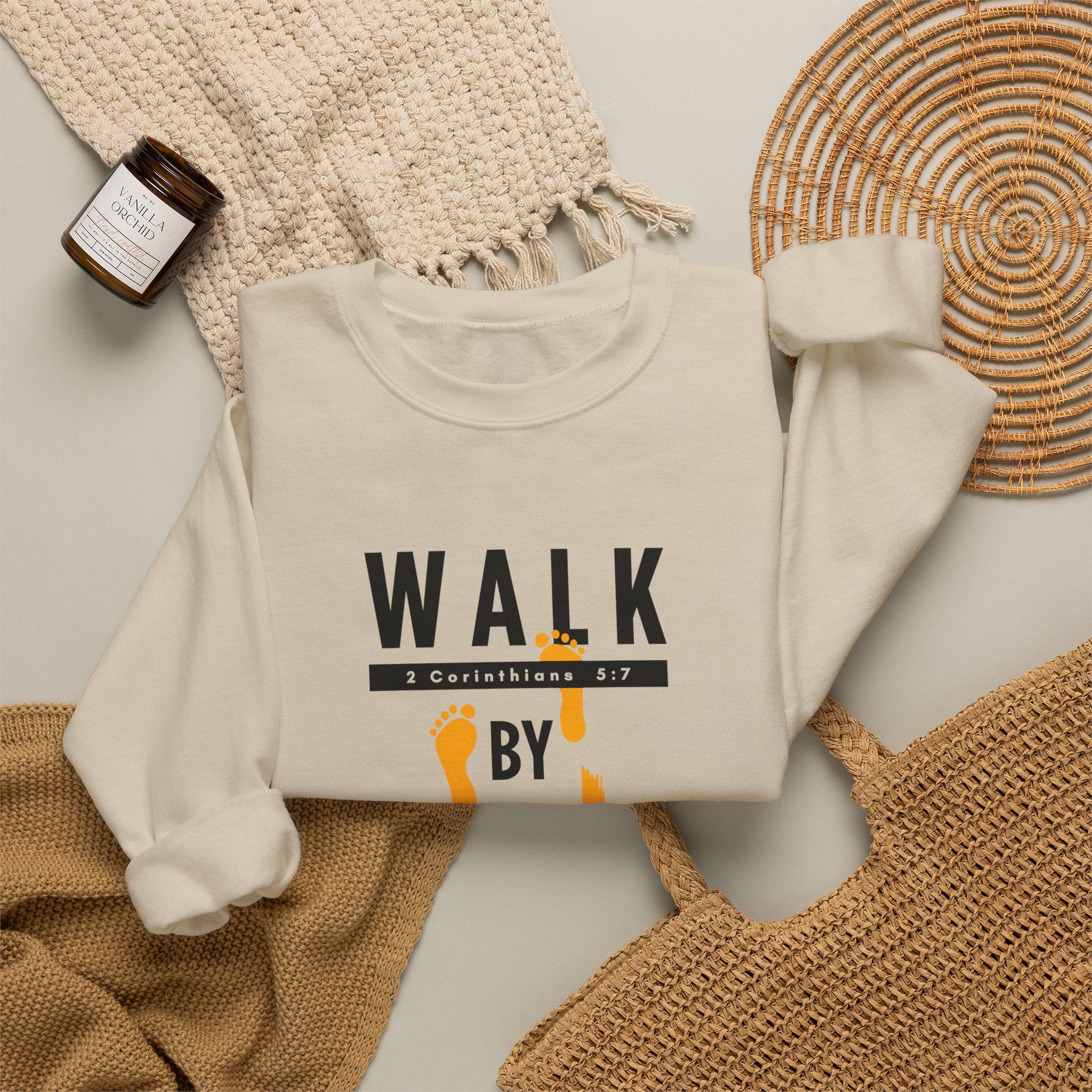 Christian Crewneck Sweatshirt "Walk By Faith" Pullover, 2 Corinthians 5:7 Apparel, Inspirational Faith Graphic Sweatshirt
