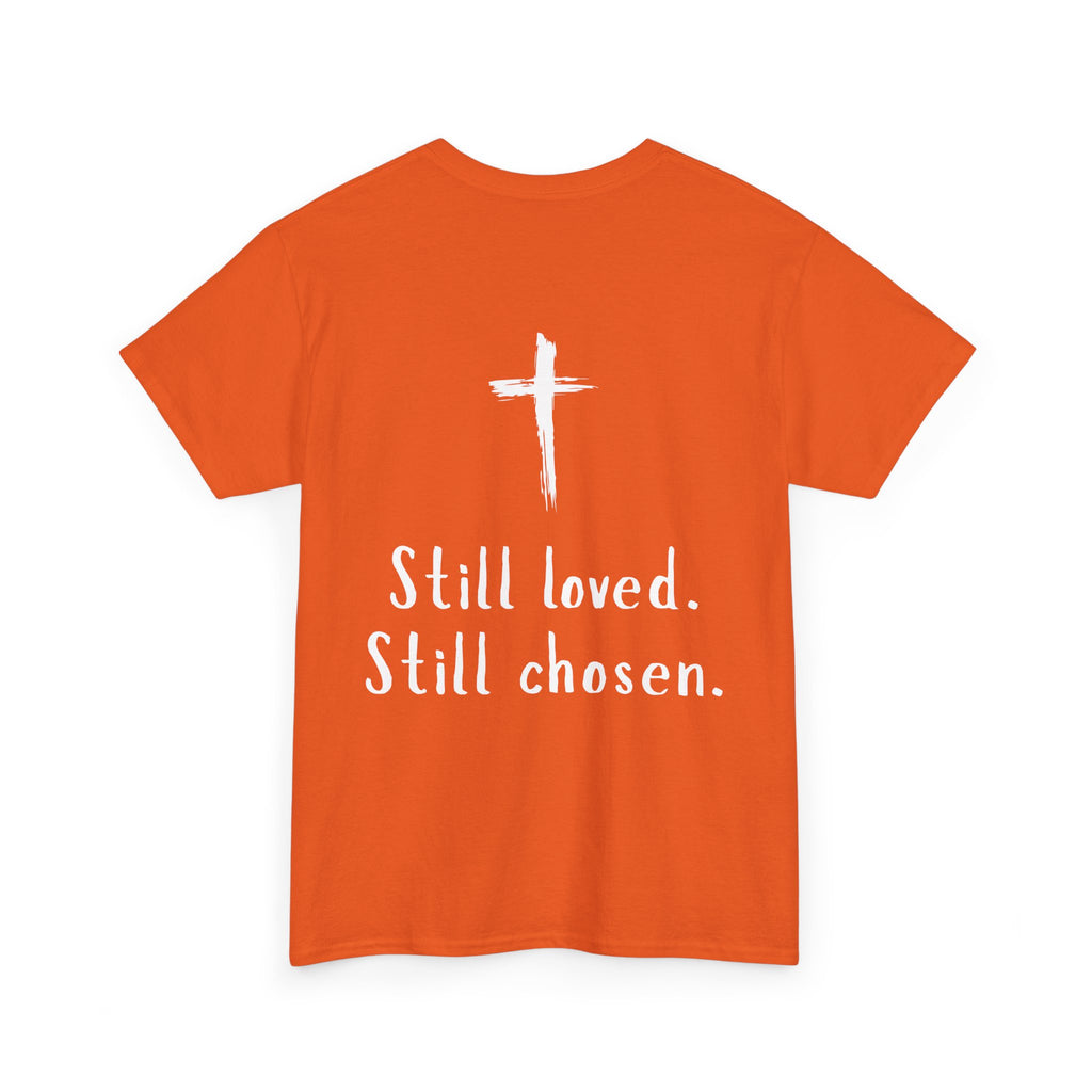 Christian Tee — "Not Perfect, Forgiven" Romans 5:8 Graphic T-Shirt (Still Loved / Still Chosen)