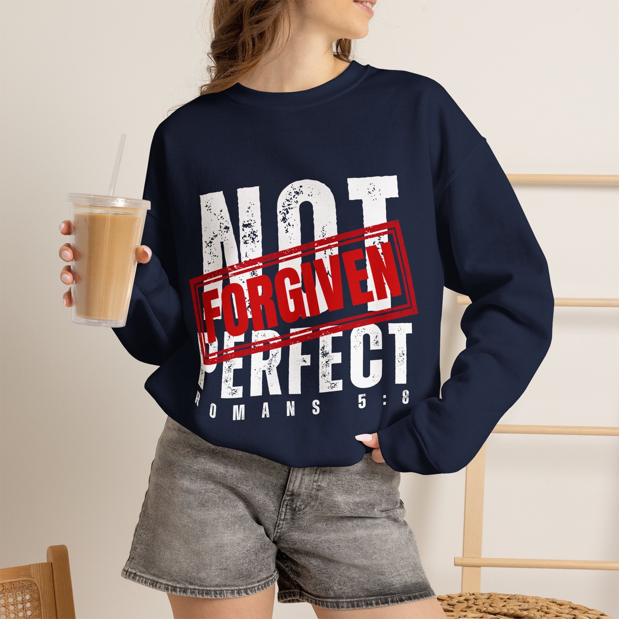Christian Crewneck Sweatshirt — "Not Perfect, Forgiven" (Romans 5:8)