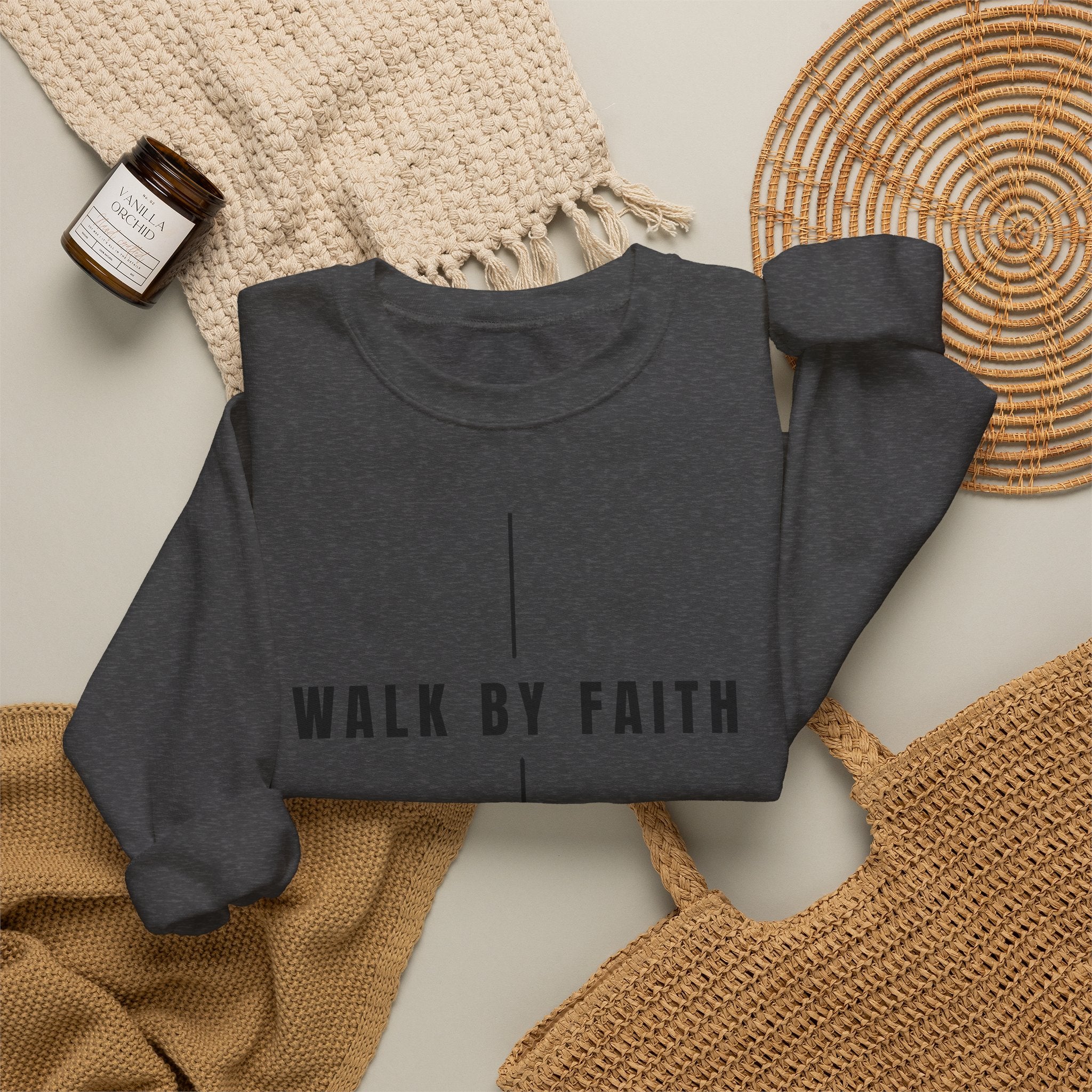 Christian Crewneck Sweatshirt "Walk By Faith" Pullover, 2 Corinthians 5:7 Apparel, Minimalist Faith Graphic Sweatshirt