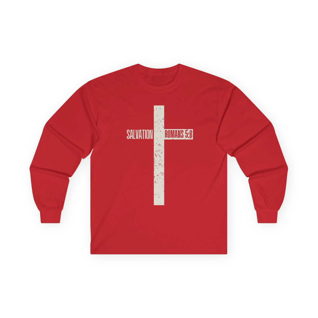 Salvation Cross Long Sleeve Tee — "Romans 5:8" Christian Faith Shirt
