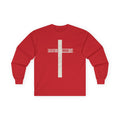 Salvation Cross Long Sleeve Tee — "Romans 5:8" Christian Faith Shirt