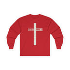 Salvation Cross Long Sleeve Tee — "Romans 5:8" Christian Faith Shirt