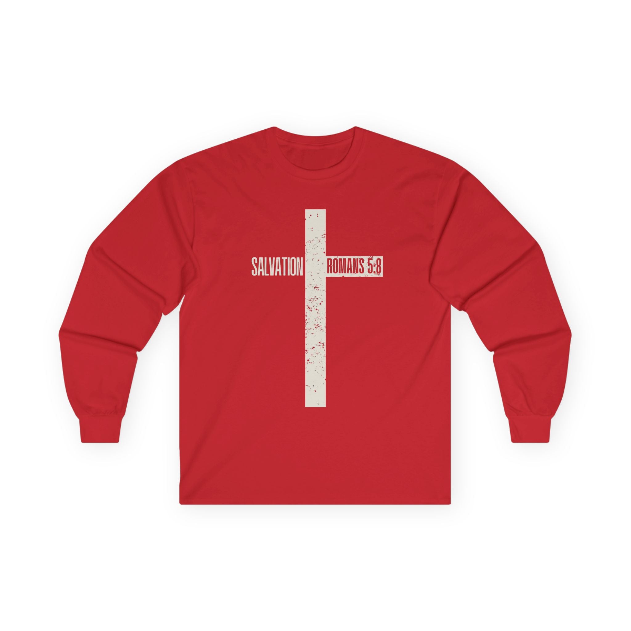Salvation Cross Long Sleeve Tee — "Romans 5:8" Christian Faith Shirt