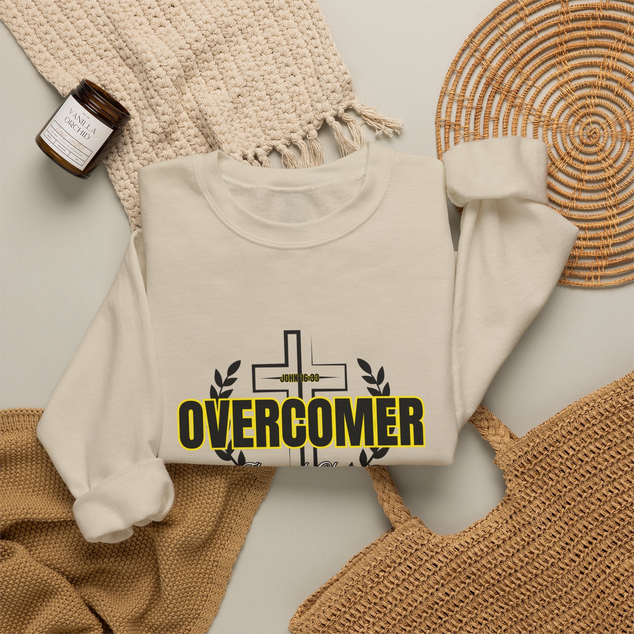 "Overcomer" Cross Graphic Crewneck – Unisex Minimalist Faith Pullover